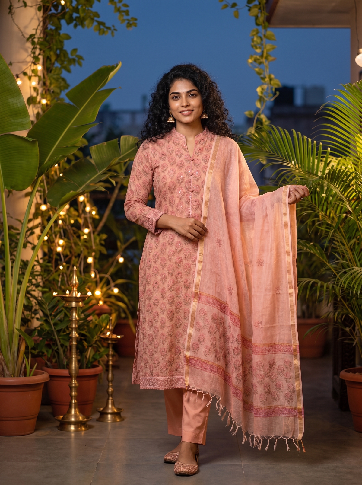 Kota Kainaat Aaliya — peach Kota doria suit with floral handblock print — Ivory Hues, Indian ethnic wear Singapore