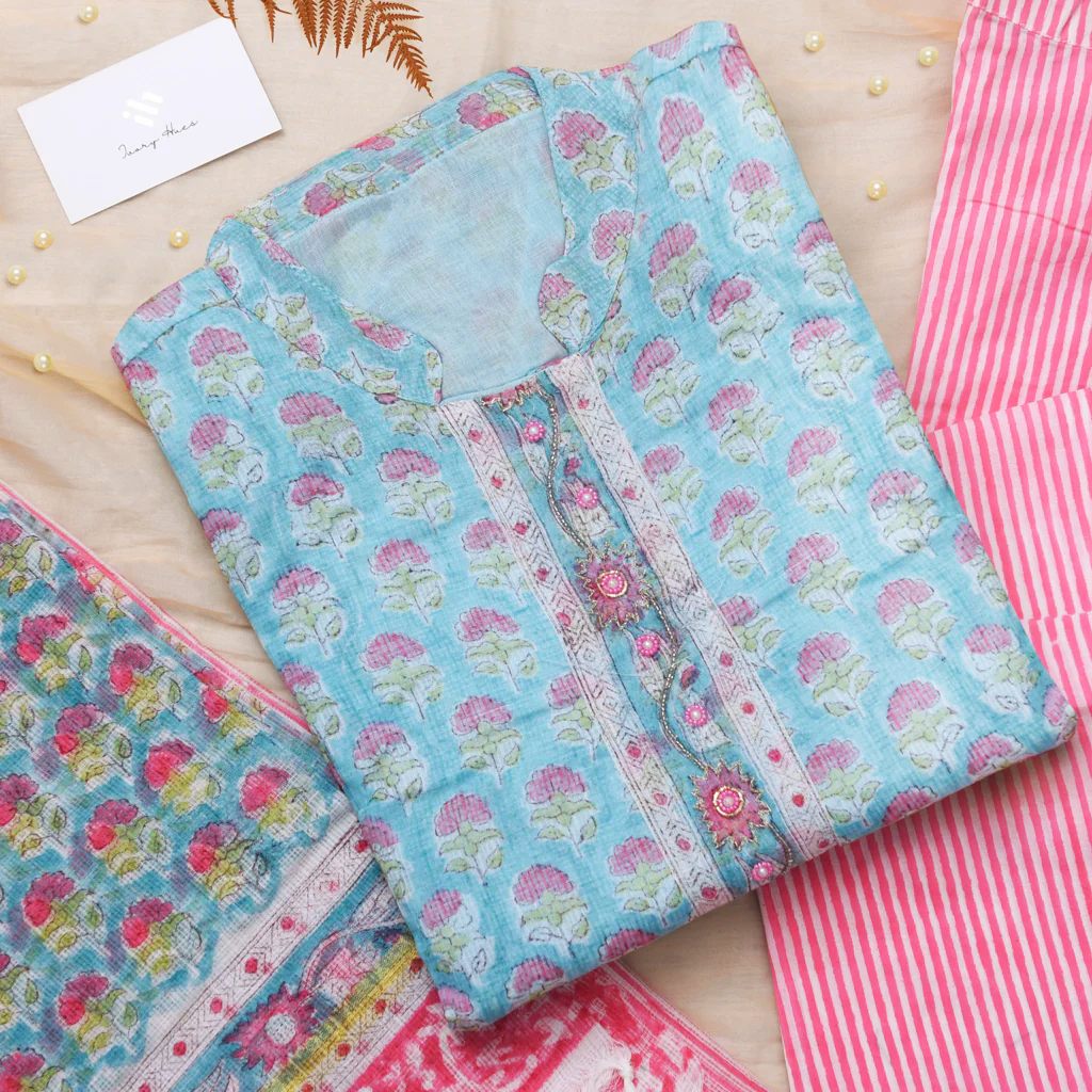 Kota Kainaat Mishti — baby blue and pink Kota Doria suit with floral prints — Ivory Hues, Indian ethnic wear Singapore