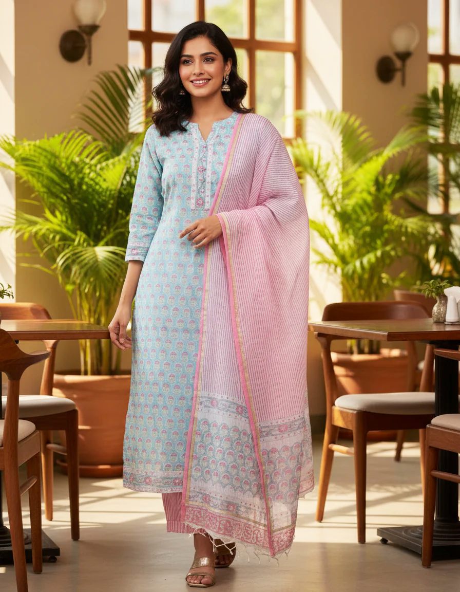 Kota Kainaat Mishti — baby blue and pink Kota Doria suit with floral prints — Ivory Hues, Indian ethnic wear Singapore
