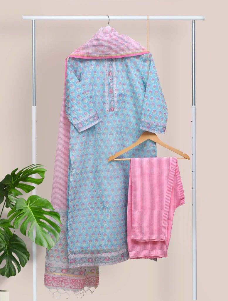 Kota Kainaat Mishti — baby blue and pink Kota Doria suit with floral prints — Ivory Hues, Indian ethnic wear Singapore