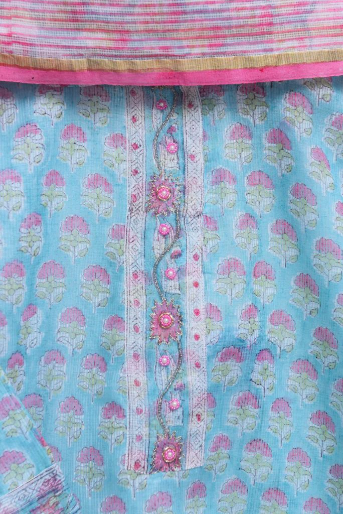 Kota Kainaat Mishti — baby blue and pink Kota Doria suit with floral prints — Ivory Hues, Indian ethnic wear Singapore