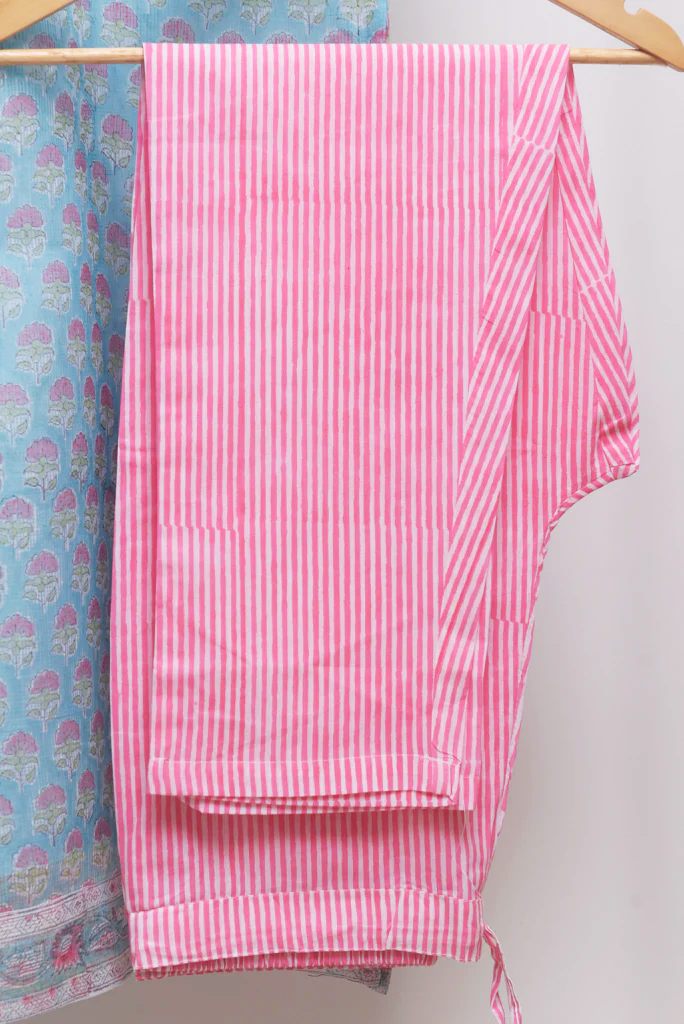 Kota Kainaat Mishti — baby blue and pink Kota Doria suit with floral prints — Ivory Hues, Indian ethnic wear Singapore