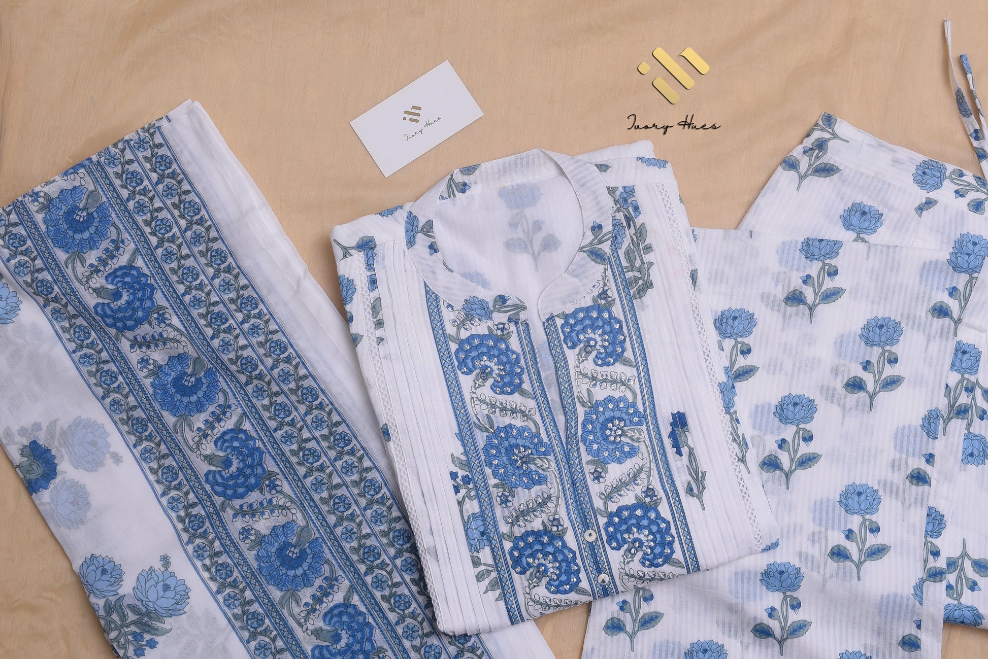 Ivory Hues Malhar Boond handblock print cotton kurta set — Indian ethnic wear Singapore