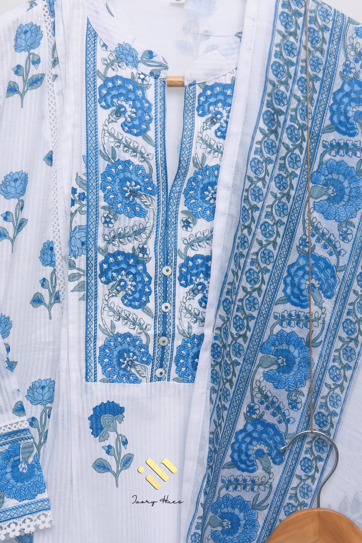Malhar Boond — white and blue cotton suit with handblock prints — Ivory Hues, Indian ethnic wear Singapore