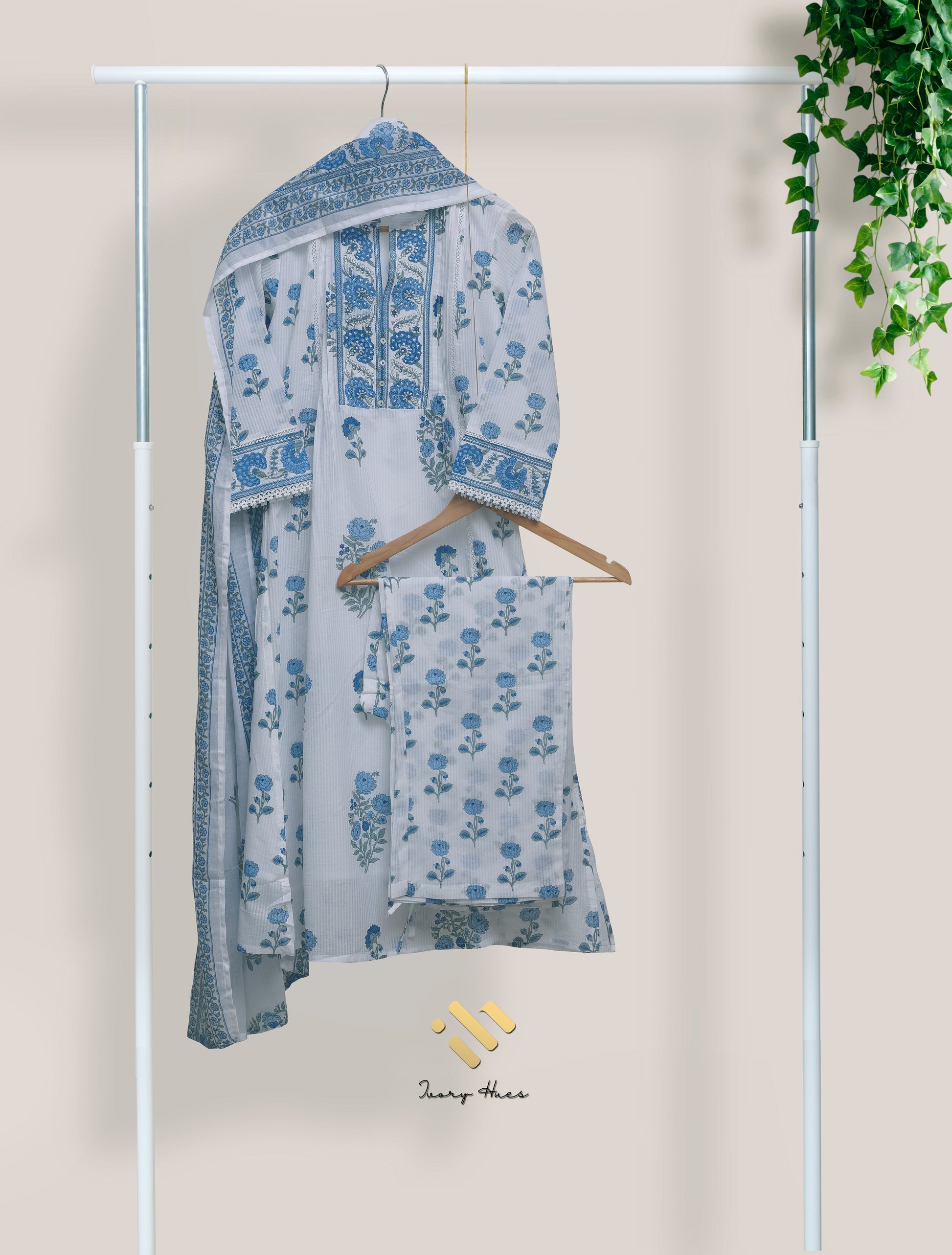 Ivory Hues Malhar Boond handblock print cotton kurta set — Indian ethnic wear Singapore