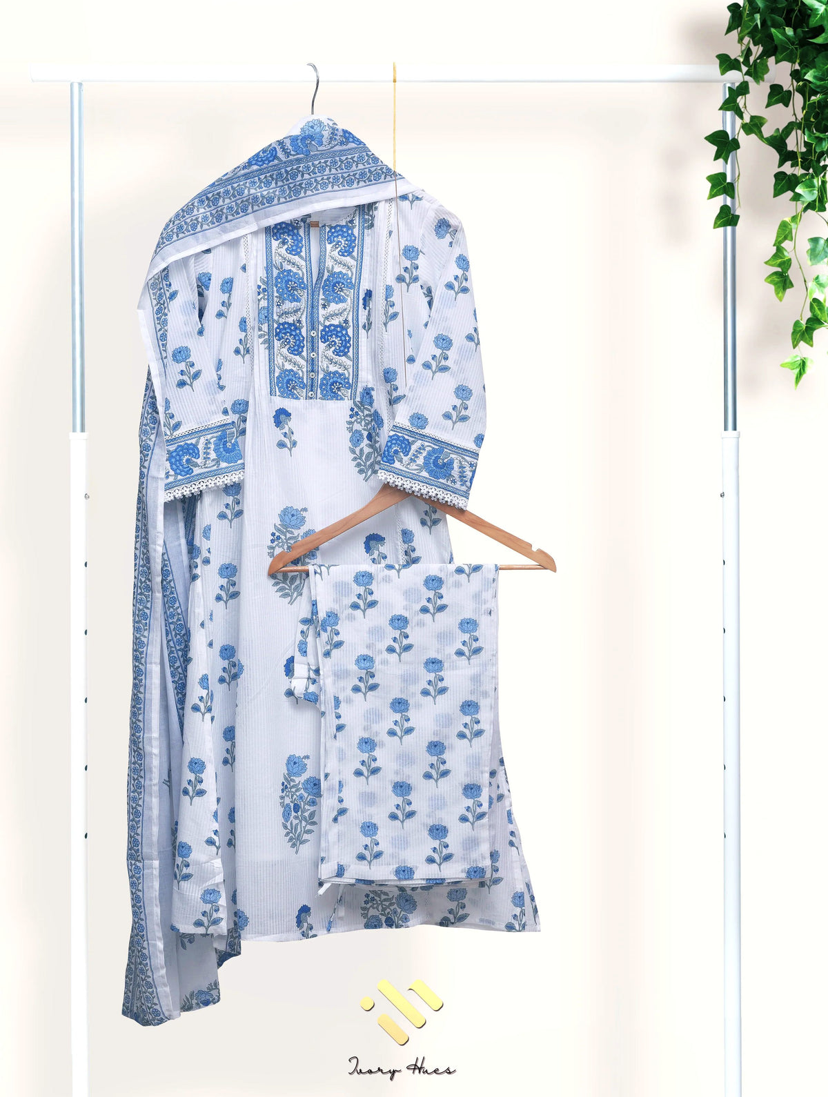 Malhar Boond — white and blue cotton suit with handblock prints — Ivory Hues, Indian ethnic wear Singapore