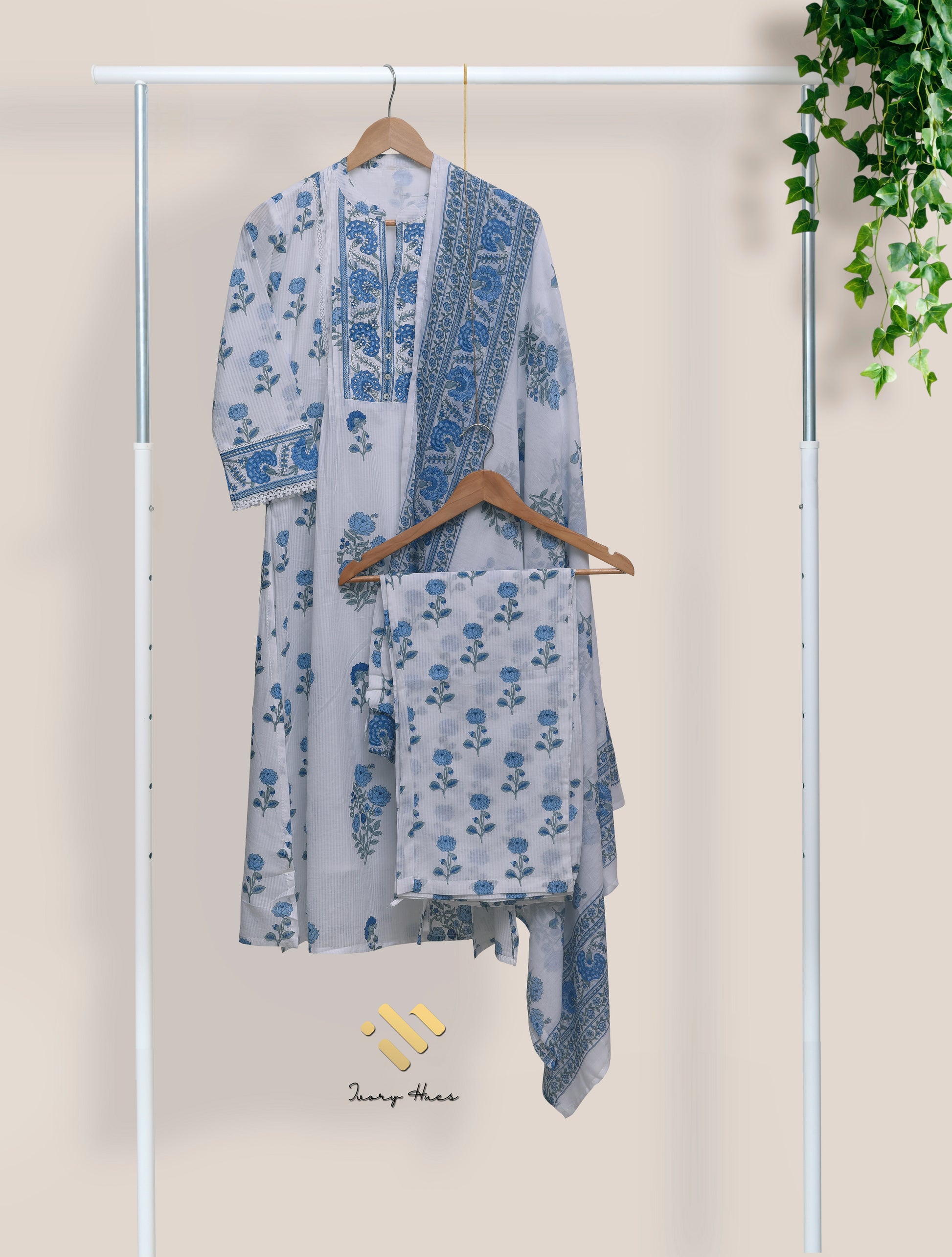 Ivory Hues Malhar Boond handblock print cotton kurta set — Indian ethnic wear Singapore