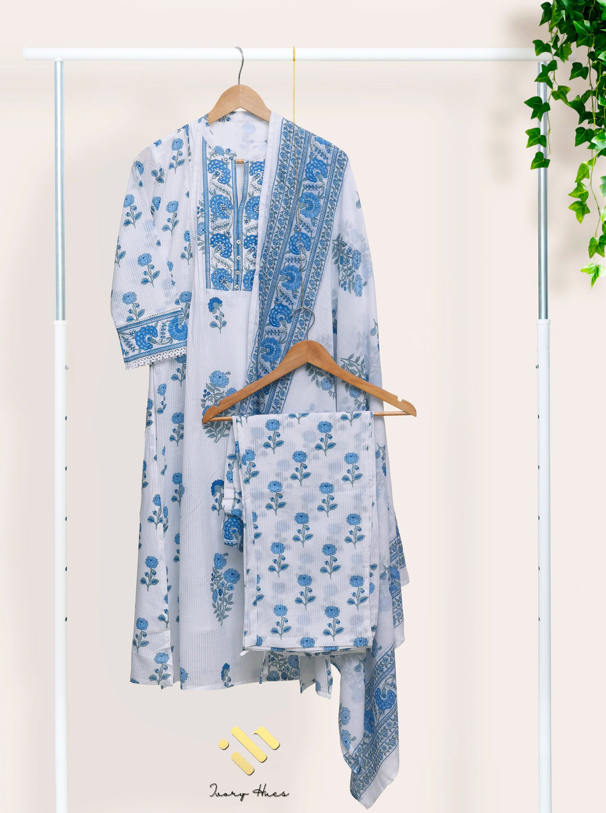 Malhar Boond — white and blue cotton suit with handblock prints — Ivory Hues, Indian ethnic wear Singapore