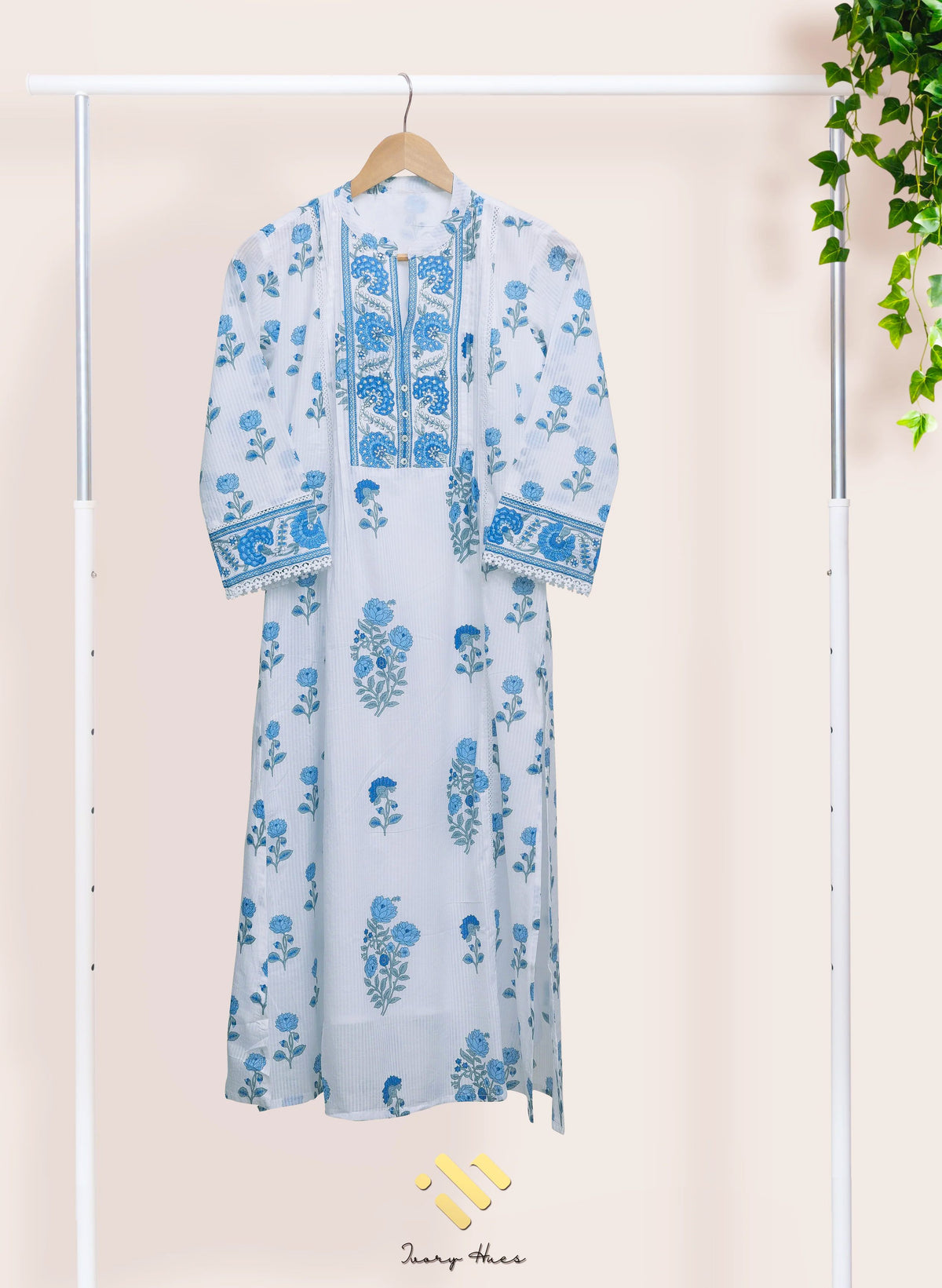 Malhar Boond — white and blue cotton suit with handblock prints — Ivory Hues, Indian ethnic wear Singapore