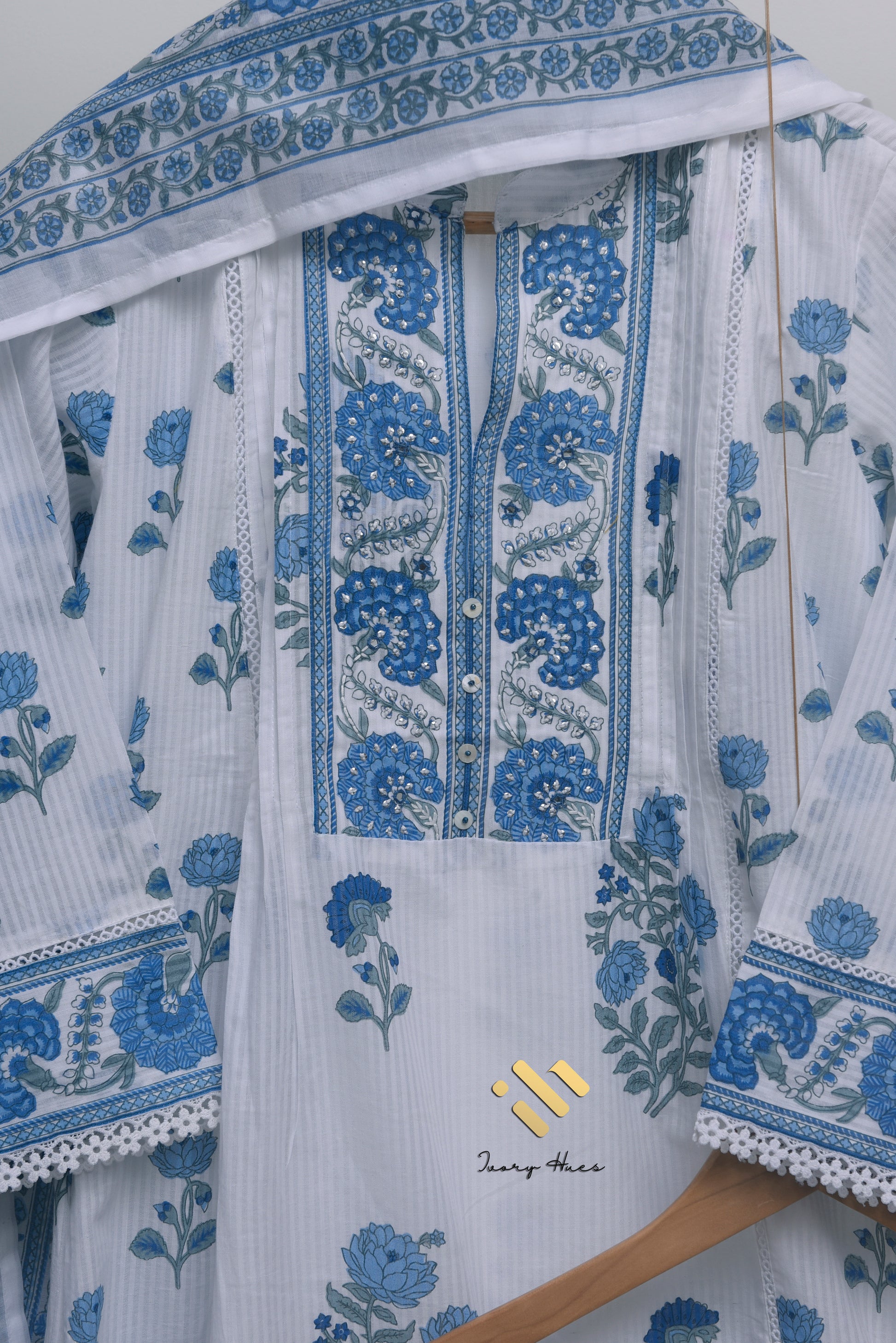 Ivory Hues Malhar Boond handblock print cotton kurta set — Indian ethnic wear Singapore