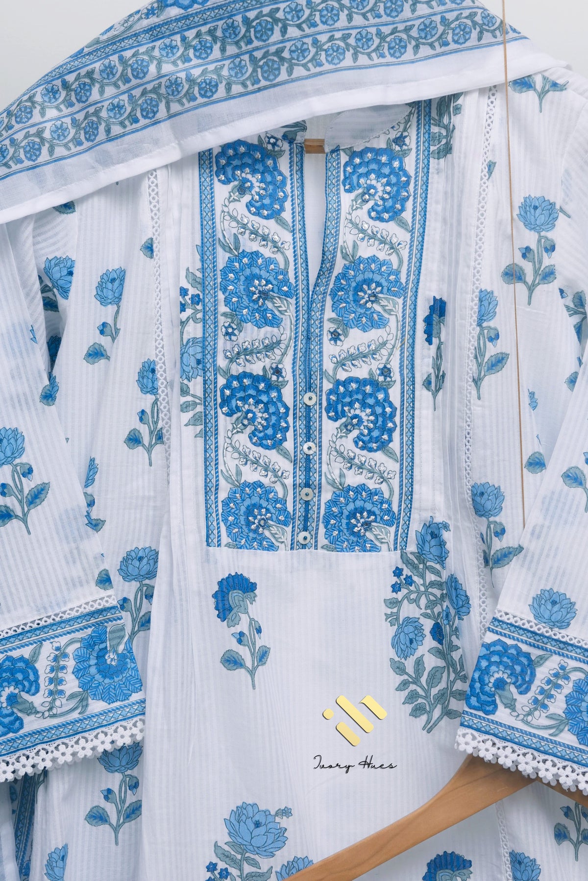 Malhar Boond — white and blue cotton suit with handblock prints — Ivory Hues, Indian ethnic wear Singapore