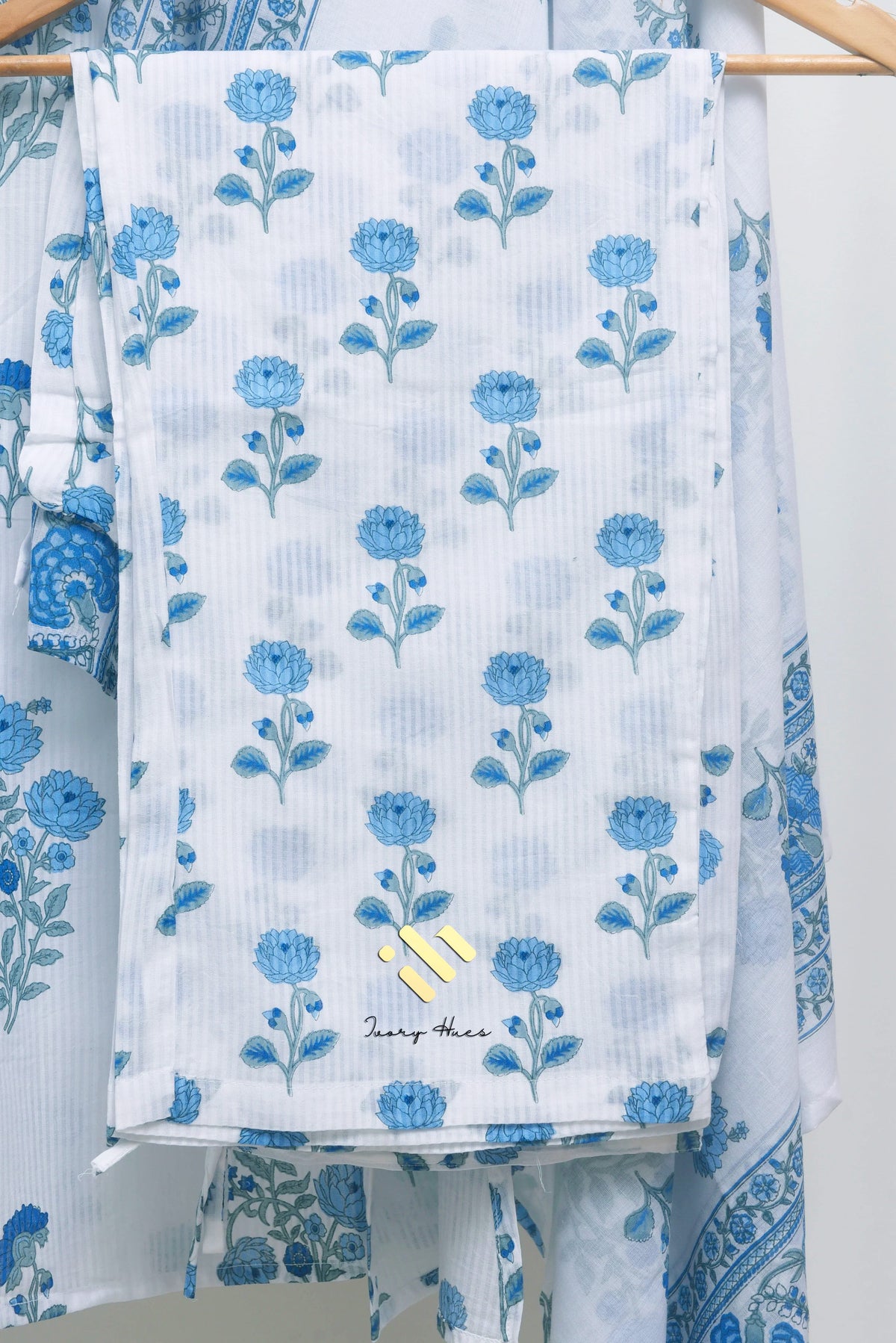 Malhar Boond — white and blue cotton suit with handblock prints — Ivory Hues, Indian ethnic wear Singapore