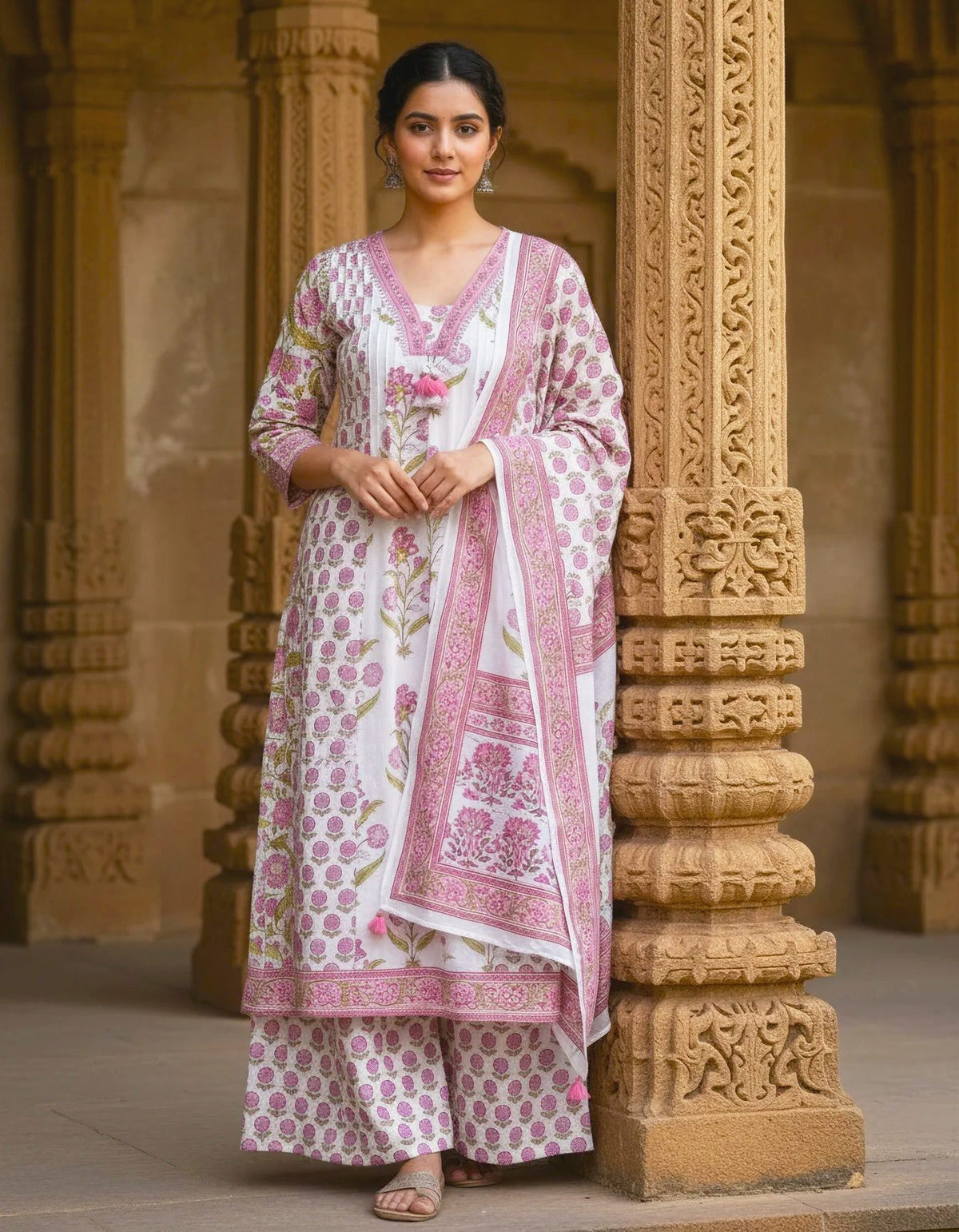Malhar Megh — white cotton suit with pink and green handblock prints — Ivory Hues, Indian ethnic wear Singapore