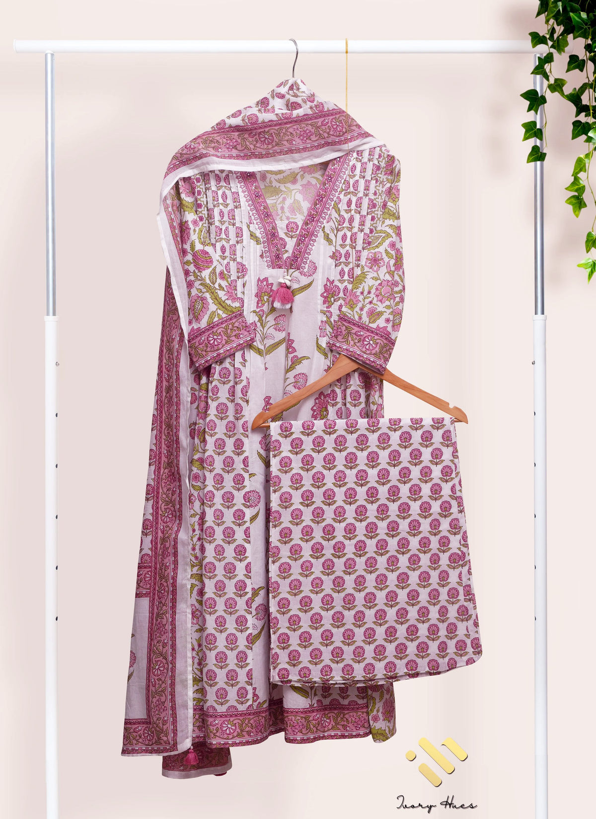 Malhar Megh — white cotton suit with pink and green handblock prints — Ivory Hues, Indian ethnic wear Singapore