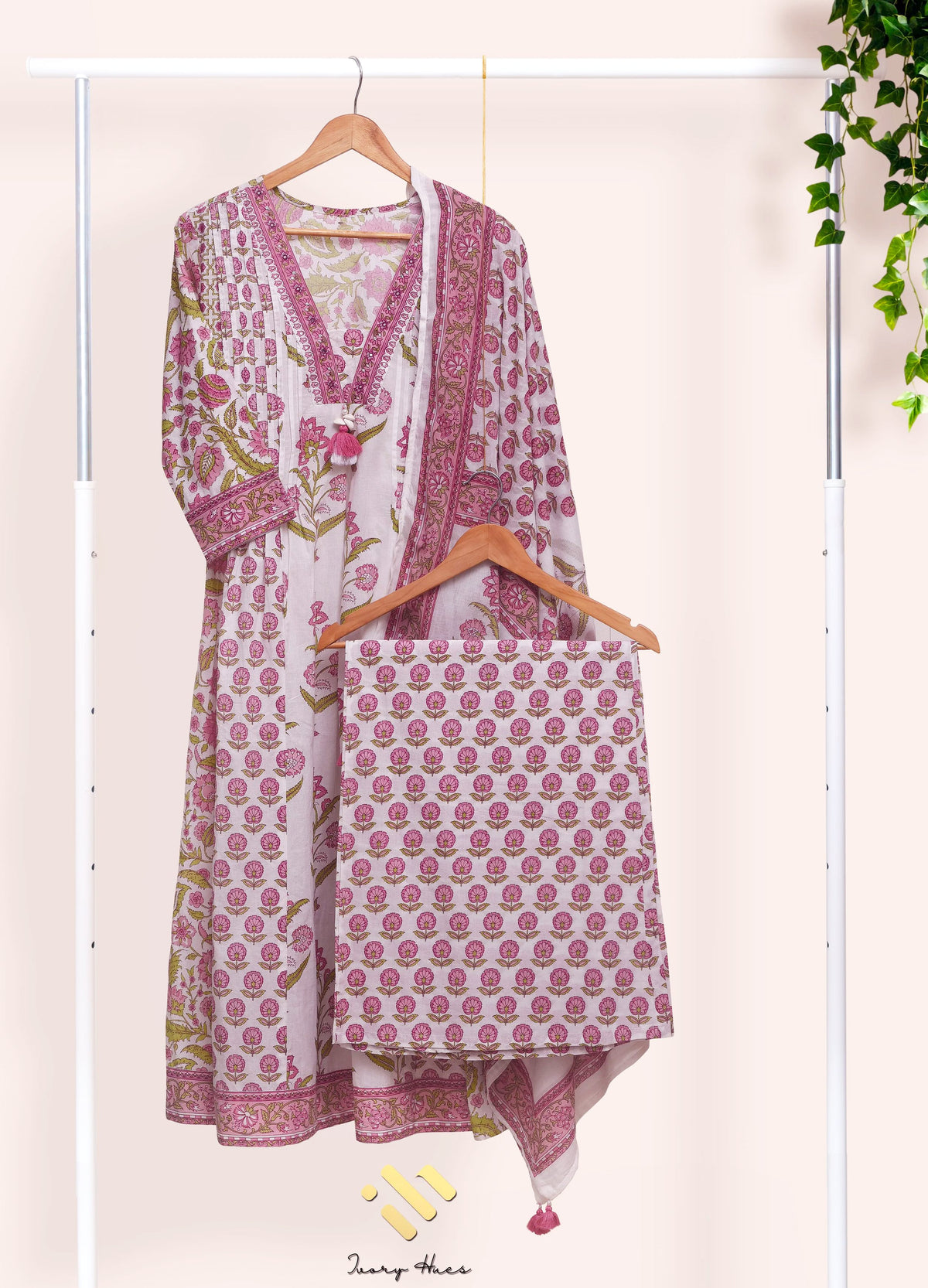 Malhar Megh — white cotton suit with pink and green handblock prints — Ivory Hues, Indian ethnic wear Singapore