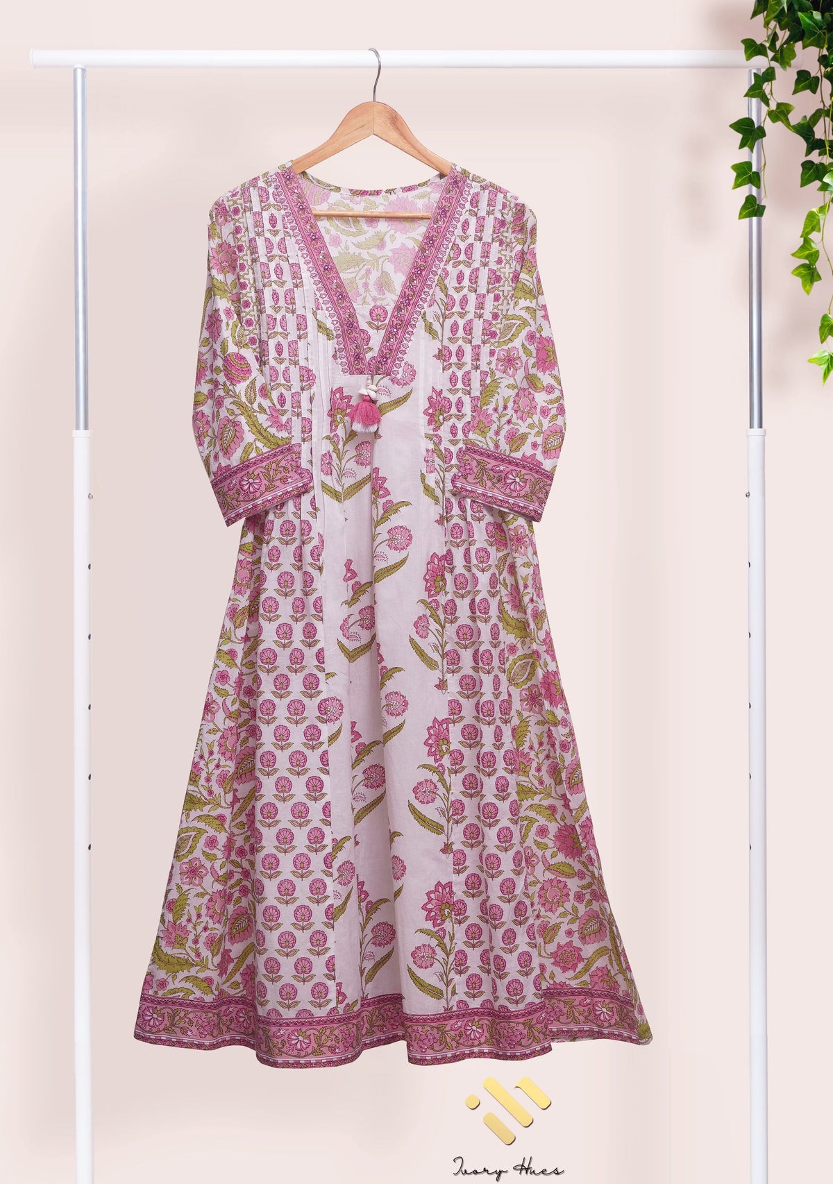 Malhar Megh — white cotton suit with pink and green handblock prints — Ivory Hues, Indian ethnic wear Singapore