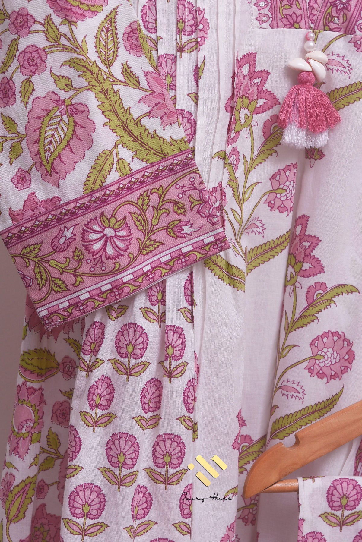 Malhar Megh — white cotton suit with pink and green handblock prints — Ivory Hues, Indian ethnic wear Singapore