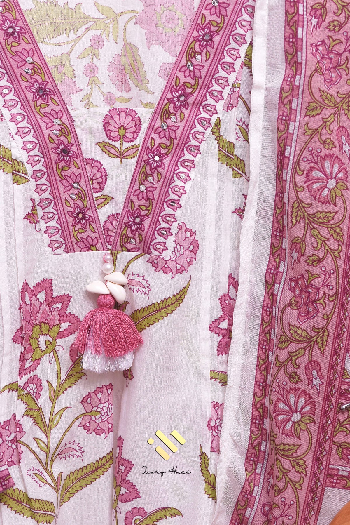 Malhar Megh — white cotton suit with pink and green handblock prints — Ivory Hues, Indian ethnic wear Singapore