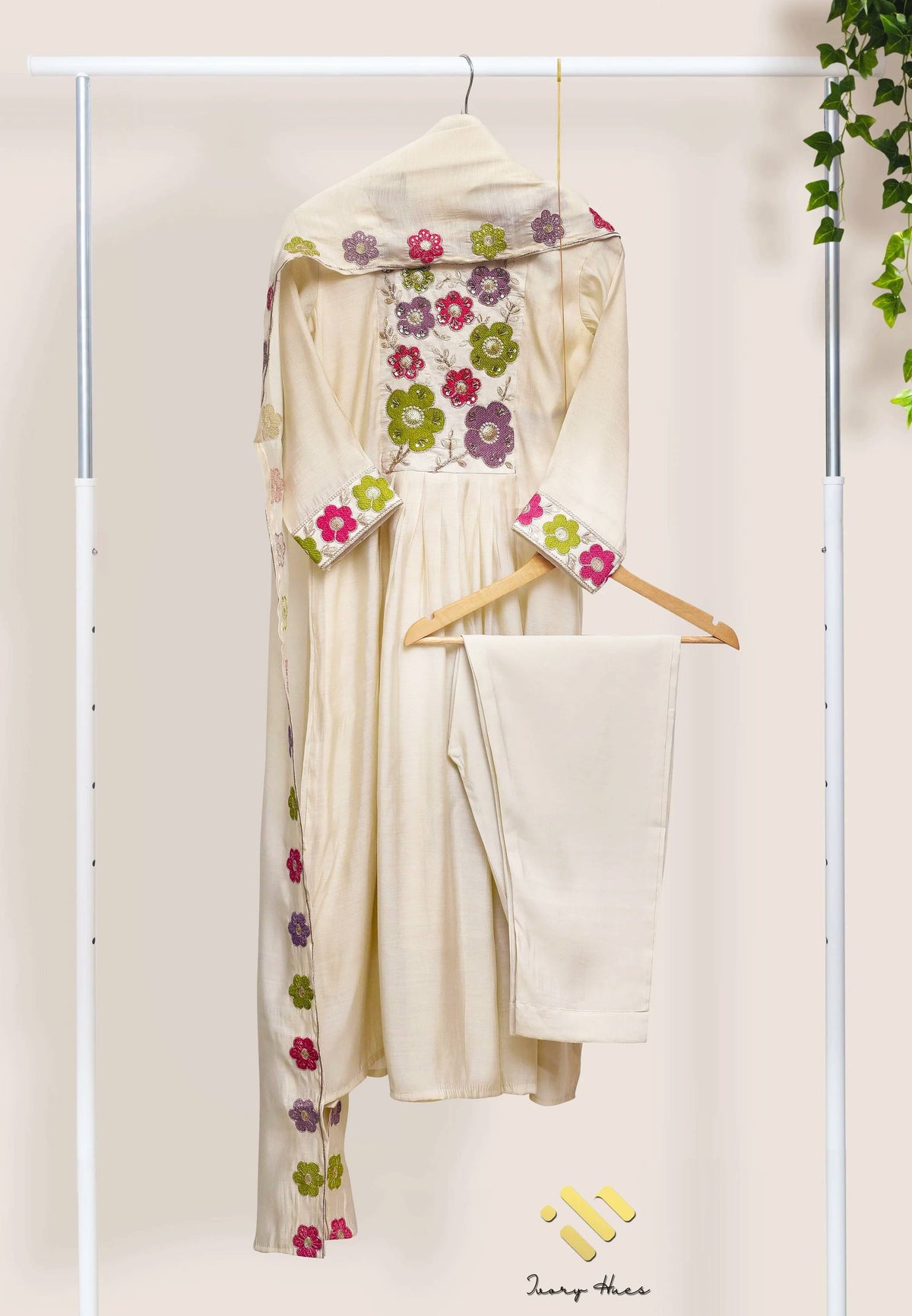 Noor Aria — off-white mul Chanderi suit with colorful floral embroidery — Ivory Hues, Indian ethnic wear Singapore