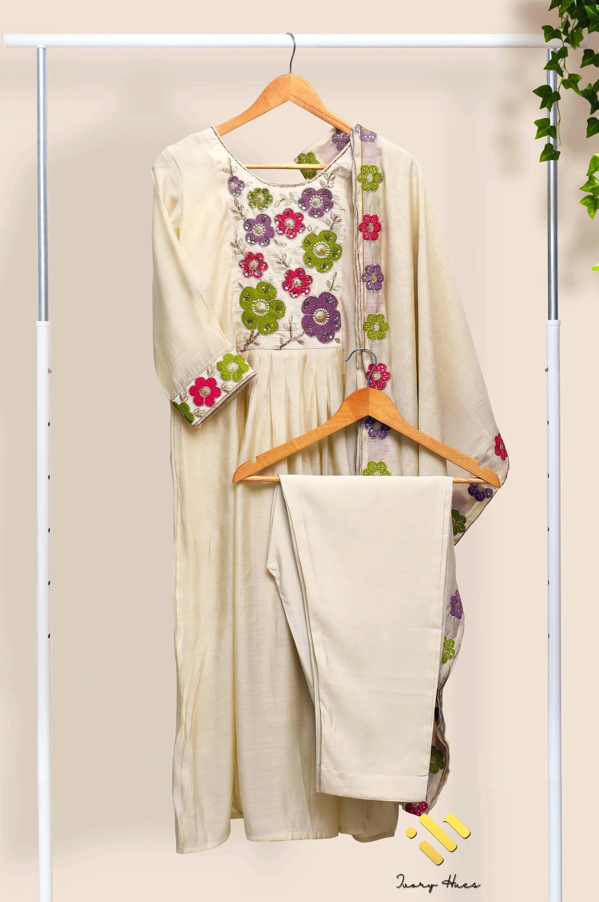 Noor Aria — off-white mul Chanderi suit with colorful floral embroidery — Ivory Hues, Indian ethnic wear Singapore