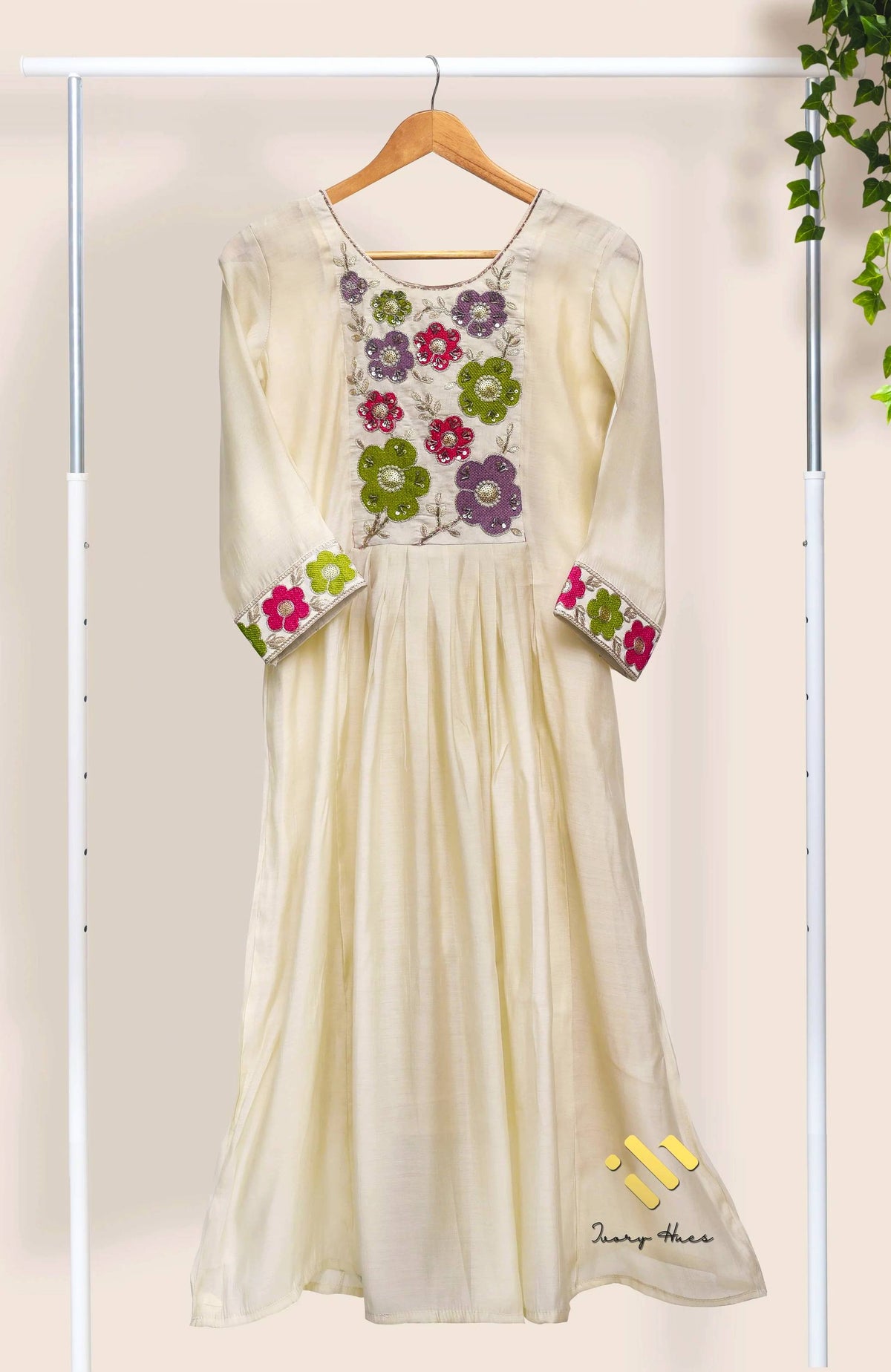 Noor Aria — off-white mul Chanderi suit with colorful floral embroidery — Ivory Hues, Indian ethnic wear Singapore