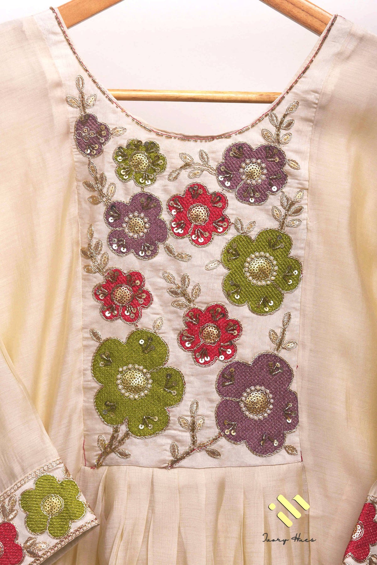 Noor Aria — off-white mul Chanderi suit with colorful floral embroidery — Ivory Hues, Indian ethnic wear Singapore