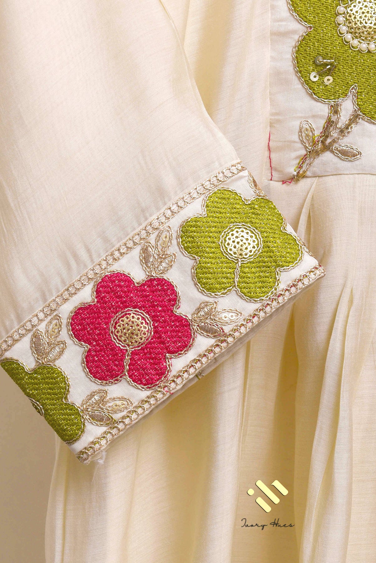 Noor Aria — off-white mul Chanderi suit with colorful floral embroidery — Ivory Hues, Indian ethnic wear Singapore