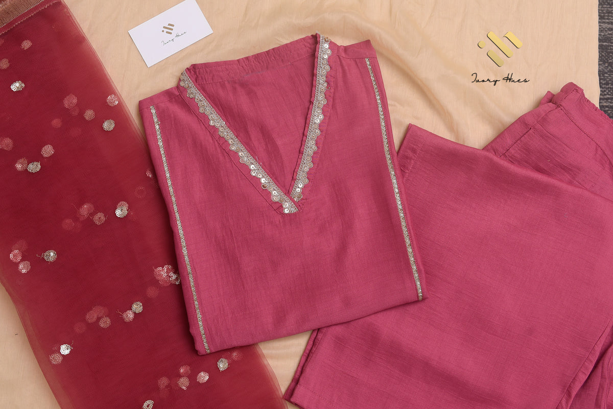 Noor Begum — rose-mauve dola silk suit with embroidered V-neckline — Ivory Hues, Indian ethnic wear Singapore