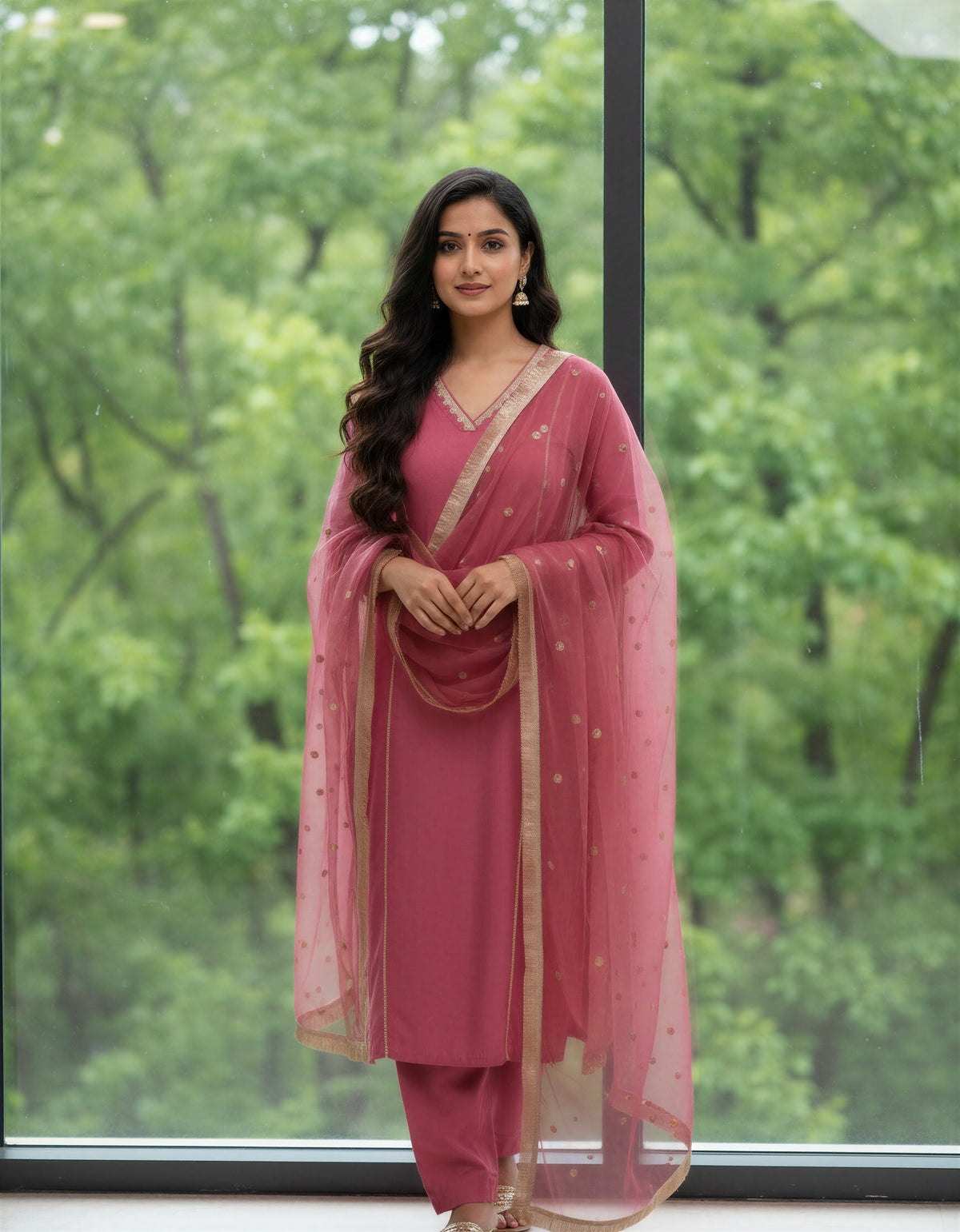 Noor Begum — rose-mauve dola silk suit with embroidered V-neckline — Ivory Hues, Indian ethnic wear Singapore