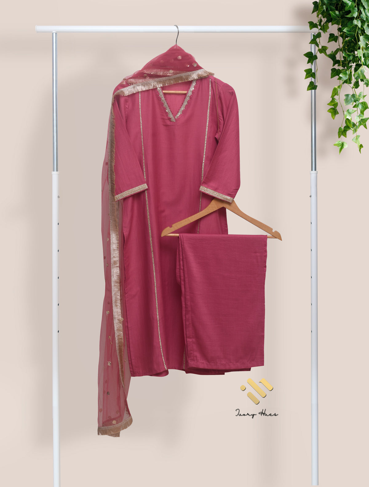 Noor Begum — rose-mauve dola silk suit with embroidered V-neckline — Ivory Hues, Indian ethnic wear Singapore