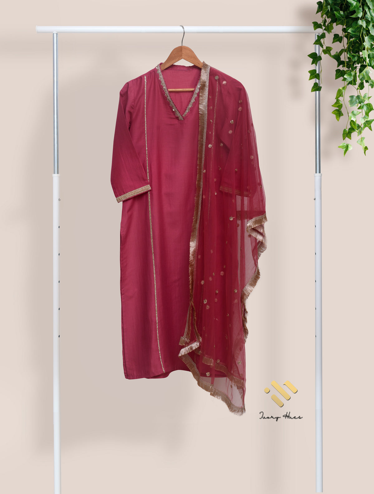 Noor Begum — rose-mauve dola silk suit with embroidered V-neckline — Ivory Hues, Indian ethnic wear Singapore