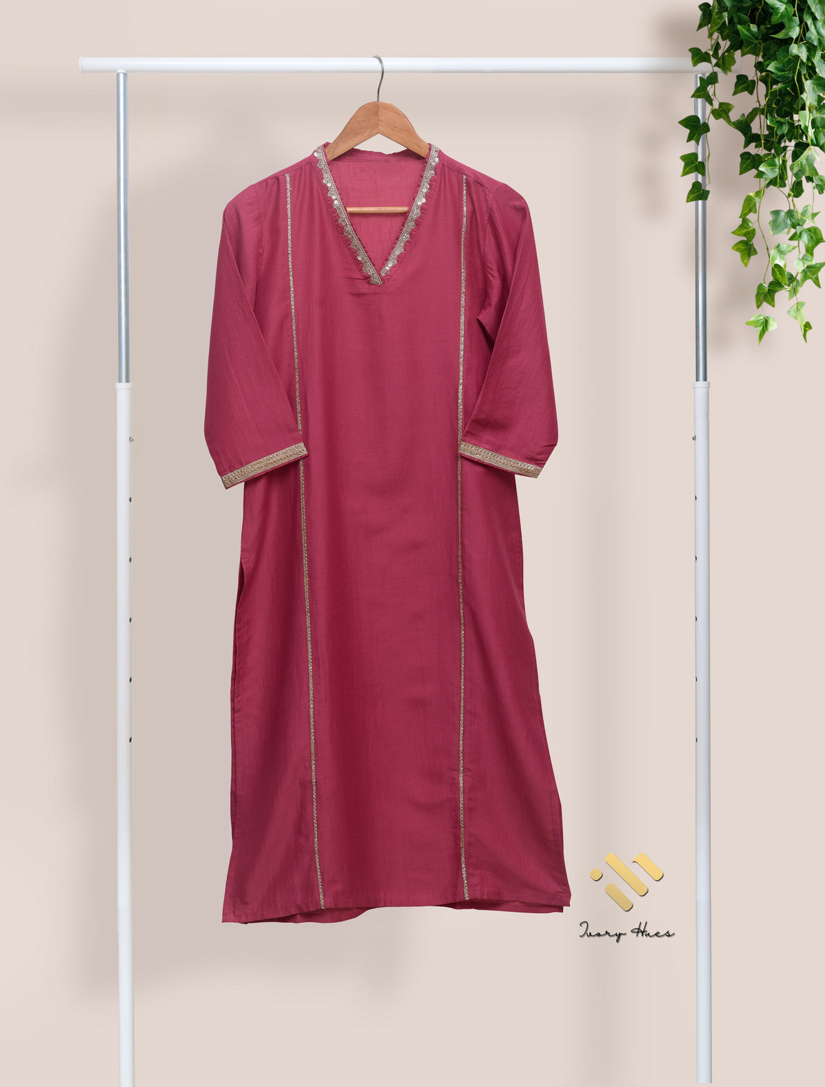 Noor Begum — rose-mauve dola silk suit with embroidered V-neckline — Ivory Hues, Indian ethnic wear Singapore