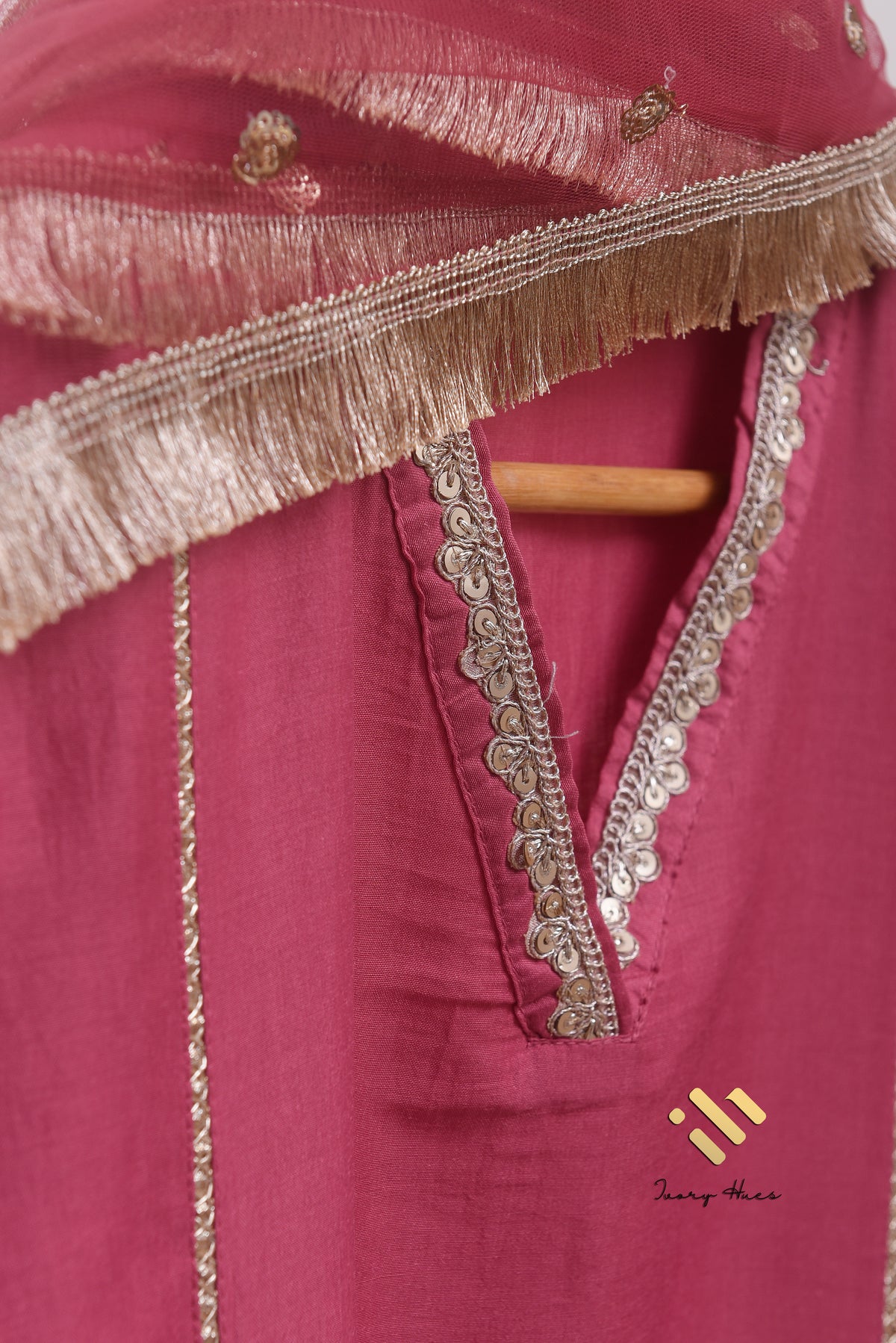 Noor Begum — rose-mauve dola silk suit with embroidered V-neckline — Ivory Hues, Indian ethnic wear Singapore
