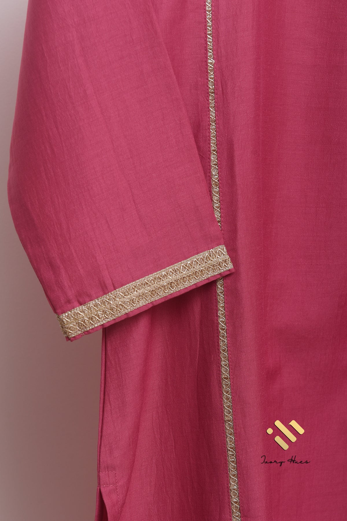 Noor Begum — rose-mauve dola silk suit with embroidered V-neckline — Ivory Hues, Indian ethnic wear Singapore