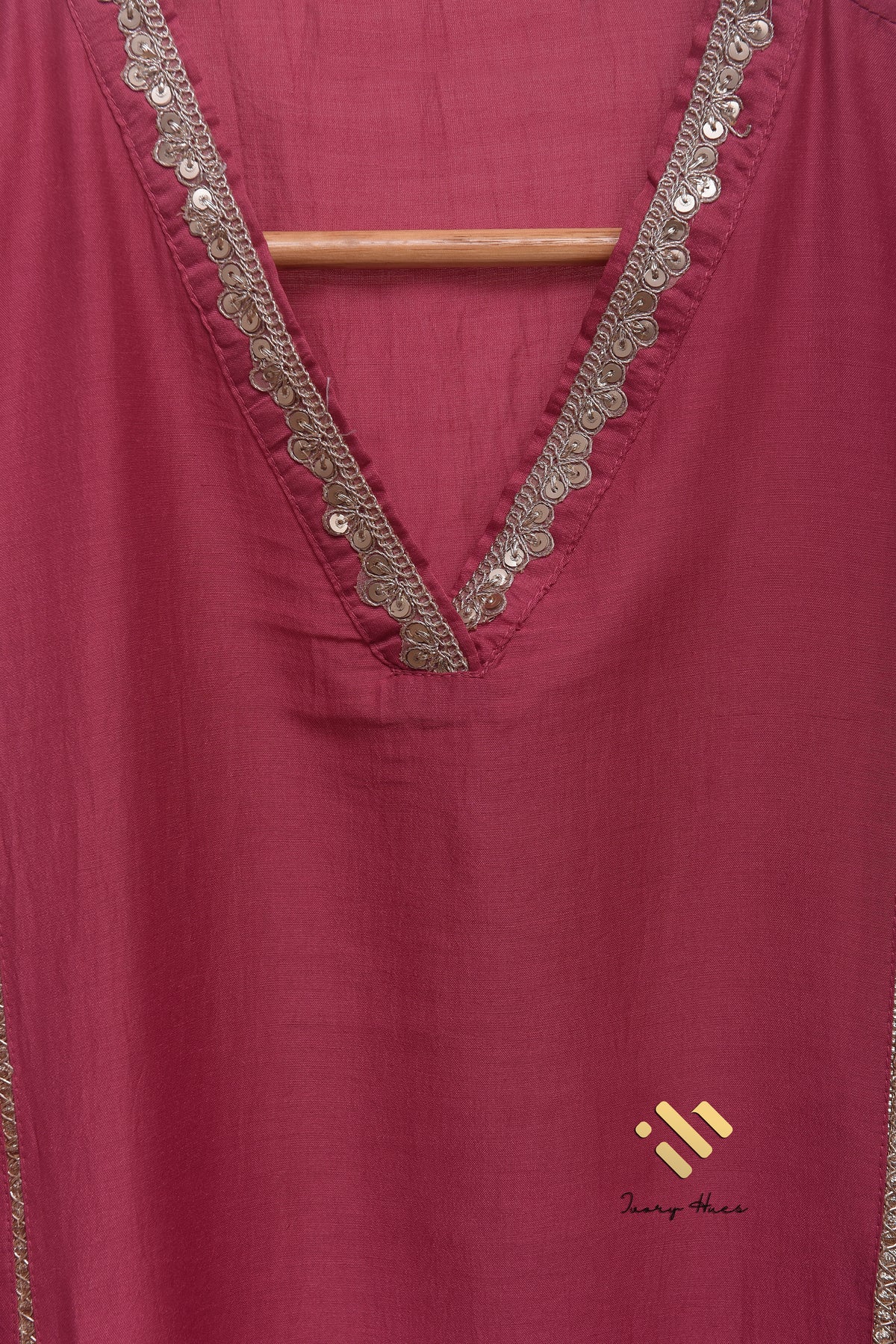 Noor Begum — rose-mauve dola silk suit with embroidered V-neckline — Ivory Hues, Indian ethnic wear Singapore