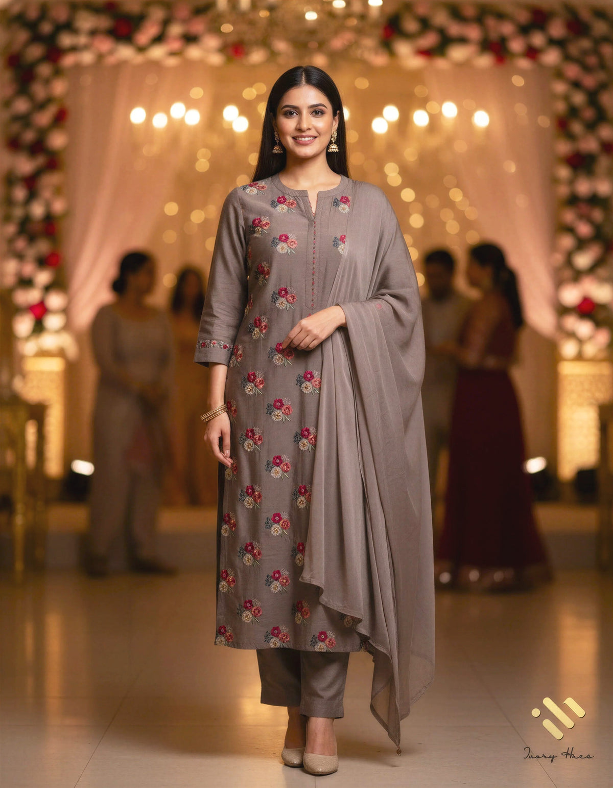 Noor Haya — stone grey raw silk suit with floral embroidery — Ivory Hues, Indian ethnic wear Singapore