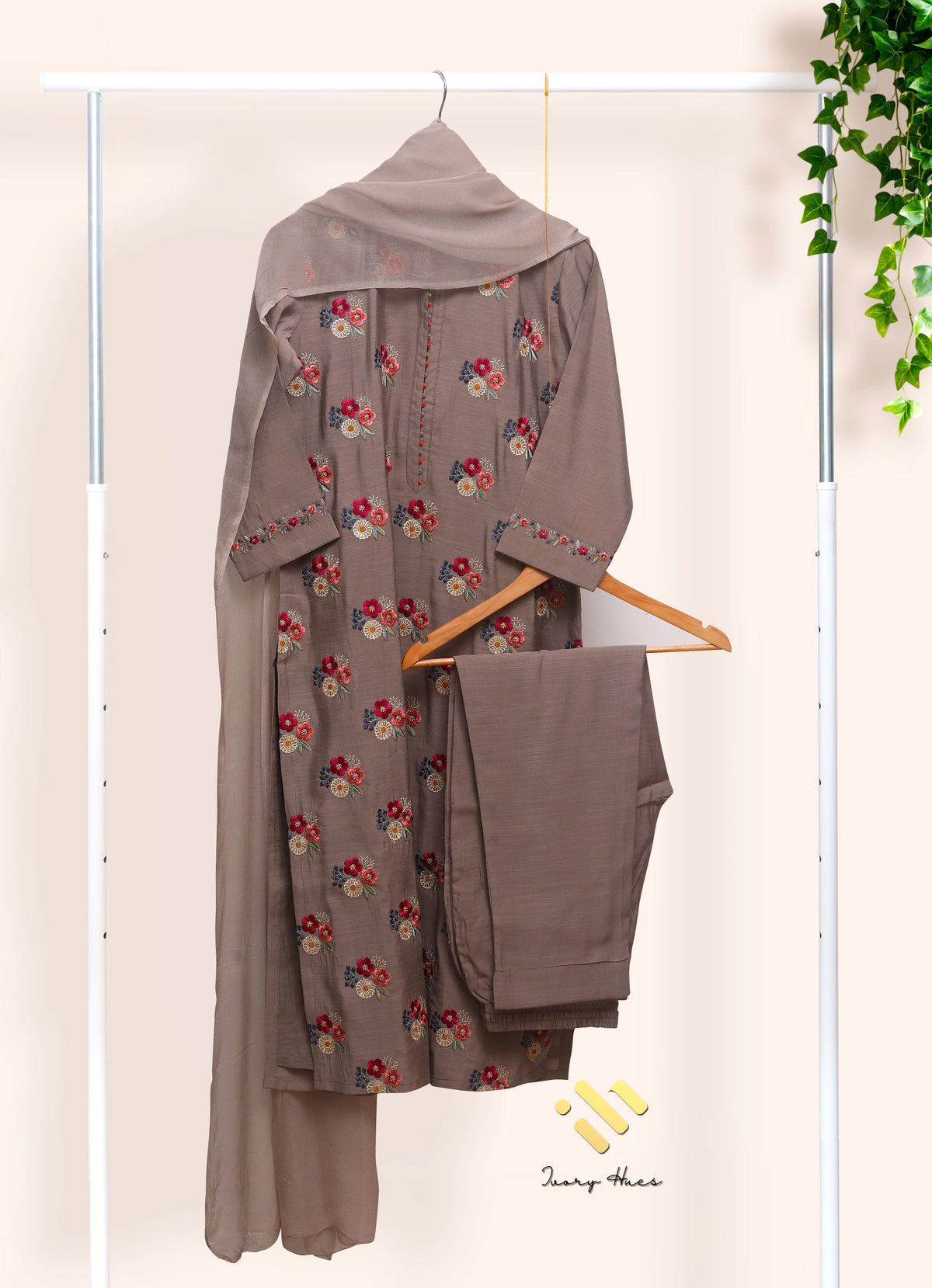 Noor Haya — stone grey raw silk suit with floral embroidery — Ivory Hues, Indian ethnic wear Singapore