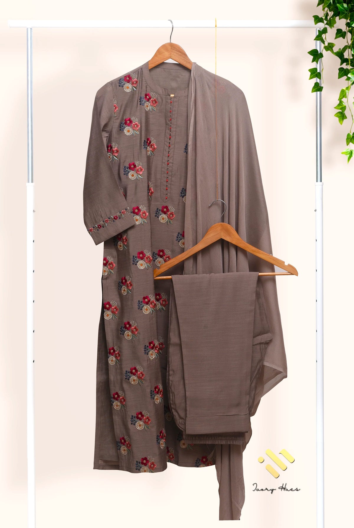 Noor Haya — stone grey raw silk suit with floral embroidery — Ivory Hues, Indian ethnic wear Singapore