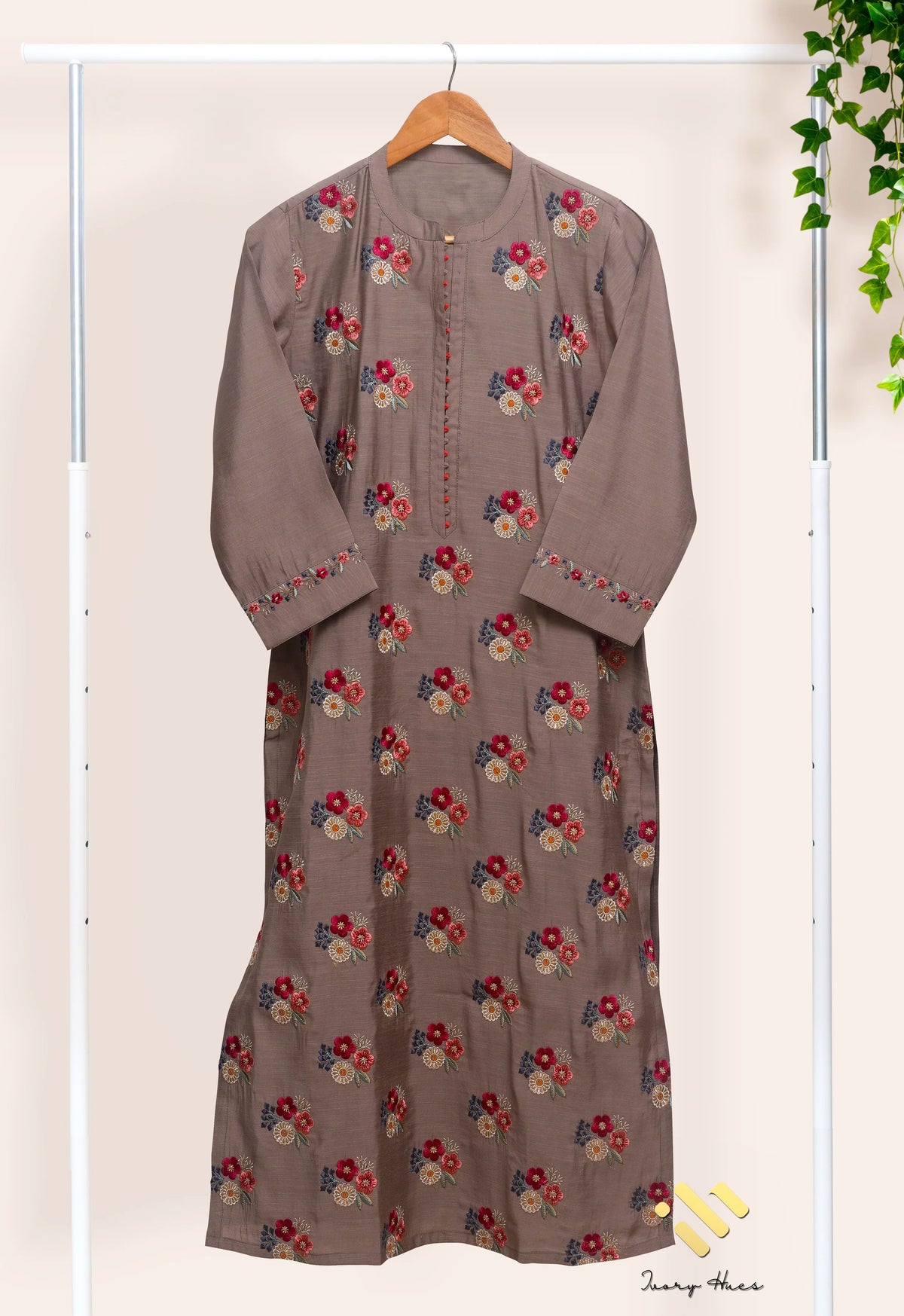 Noor Haya — stone grey raw silk suit with floral embroidery — Ivory Hues, Indian ethnic wear Singapore