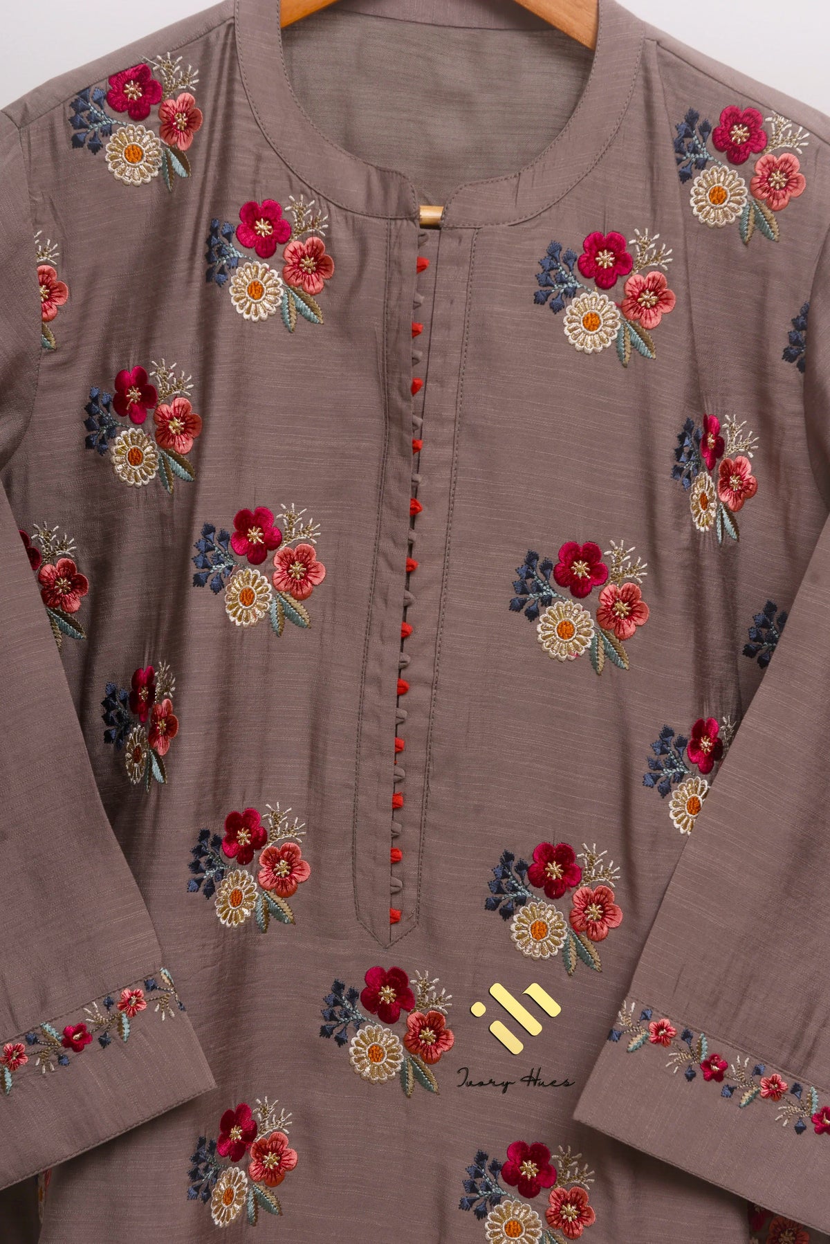 Noor Haya — stone grey raw silk suit with floral embroidery — Ivory Hues, Indian ethnic wear Singapore