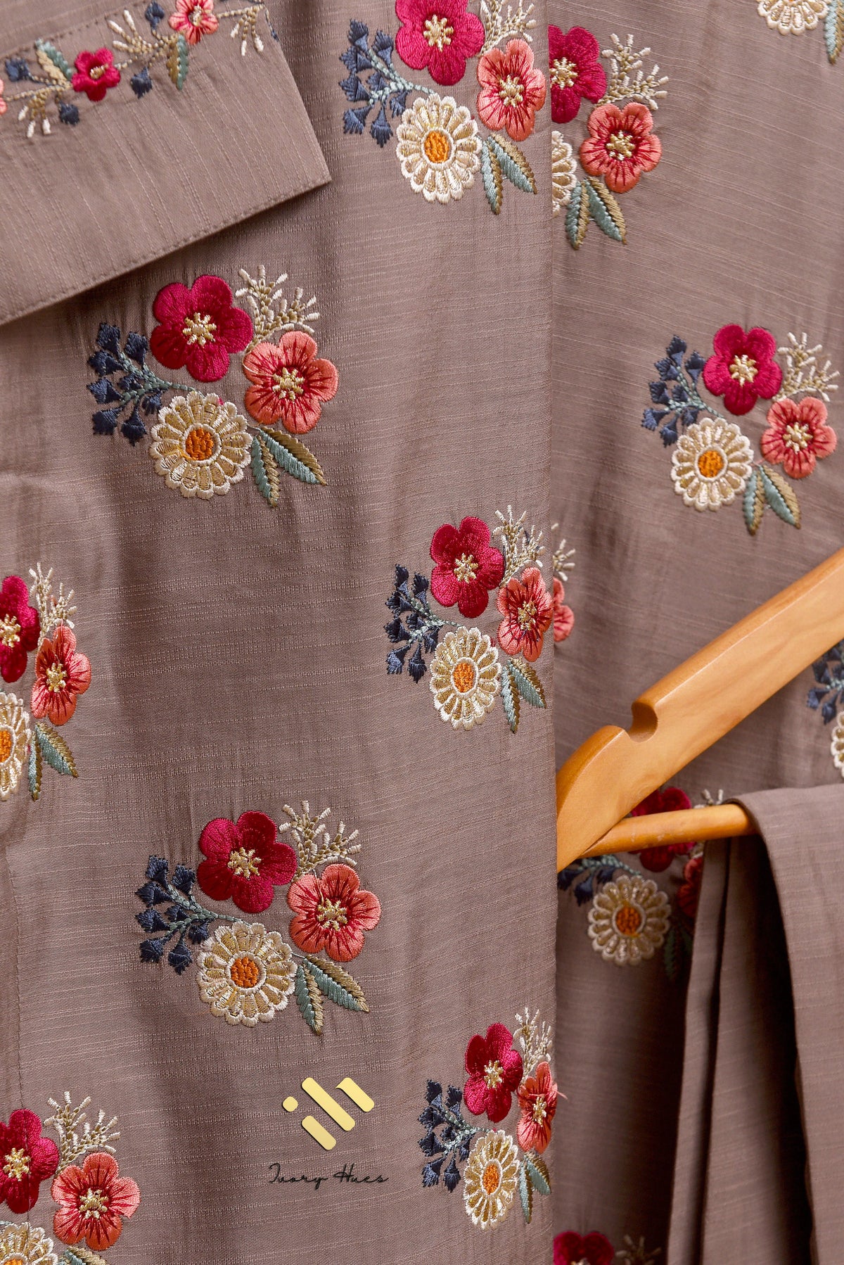Noor Haya — stone grey raw silk suit with floral embroidery — Ivory Hues, Indian ethnic wear Singapore