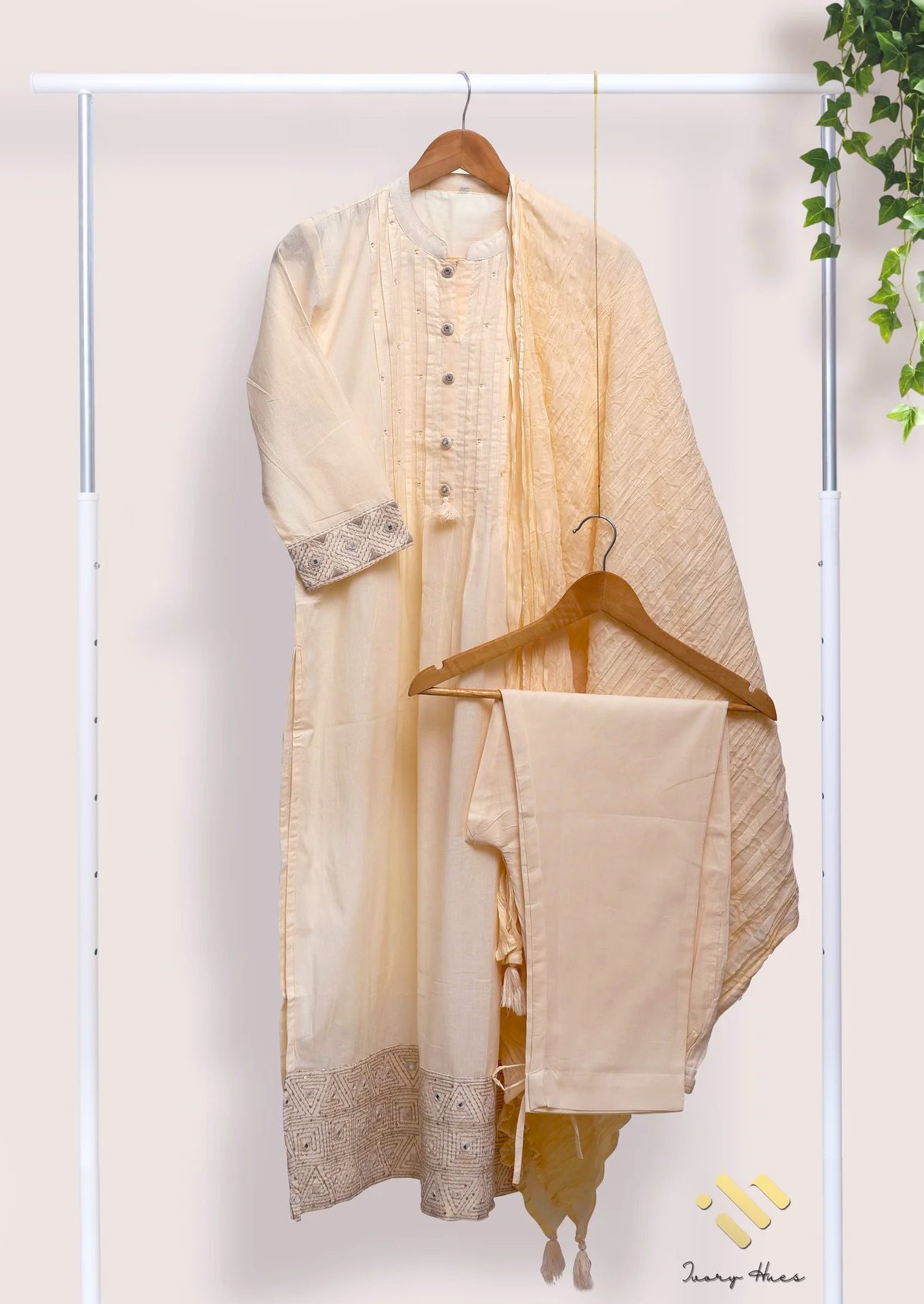 Noor Elina — ivory mul chanderi suit with embroidered sleeves and hem — Ivory Hues, Indian ethnic wear Singapore