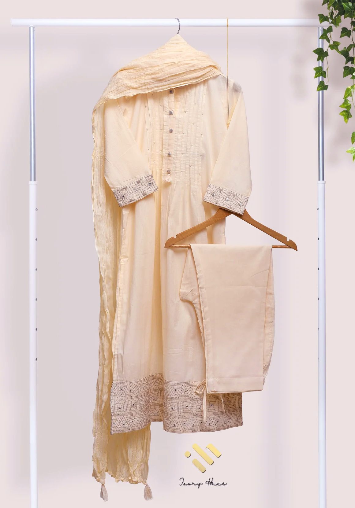 Noor Elina — ivory mul chanderi suit with embroidered sleeves and hem — Ivory Hues, Indian ethnic wear Singapore