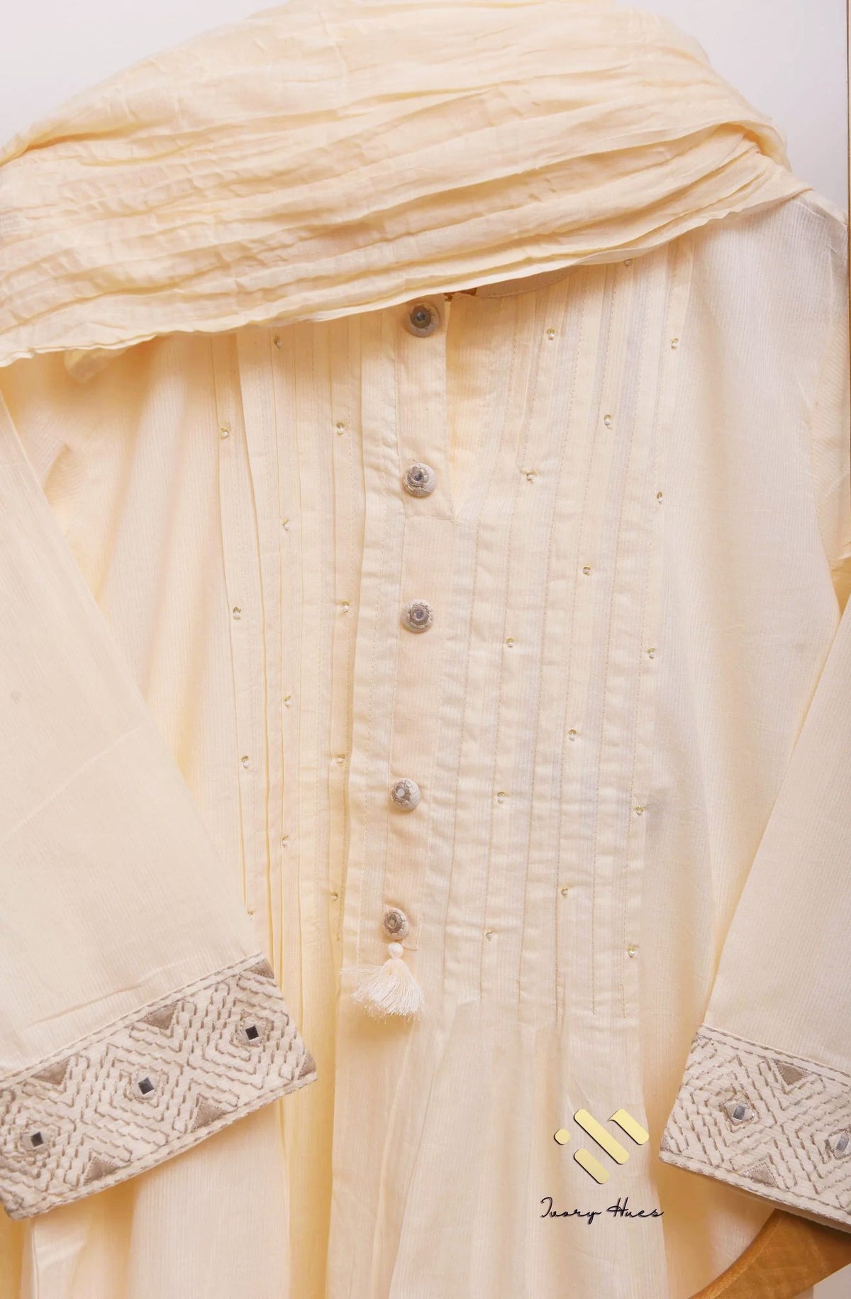 Noor Elina — ivory mul chanderi suit with embroidered sleeves and hem — Ivory Hues, Indian ethnic wear Singapore