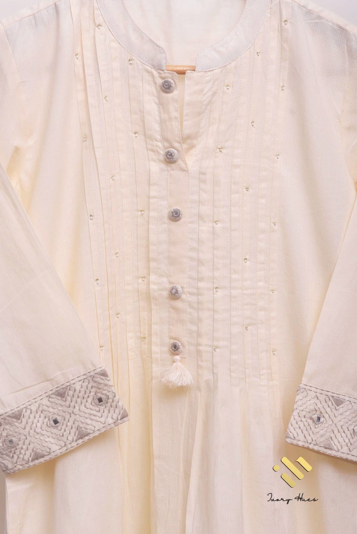 Noor Elina — ivory mul chanderi suit with embroidered sleeves and hem — Ivory Hues, Indian ethnic wear Singapore