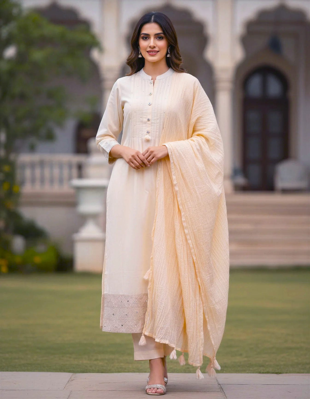 Noor Elina — ivory mul chanderi suit with embroidered sleeves and hem — Ivory Hues, Indian ethnic wear Singapore