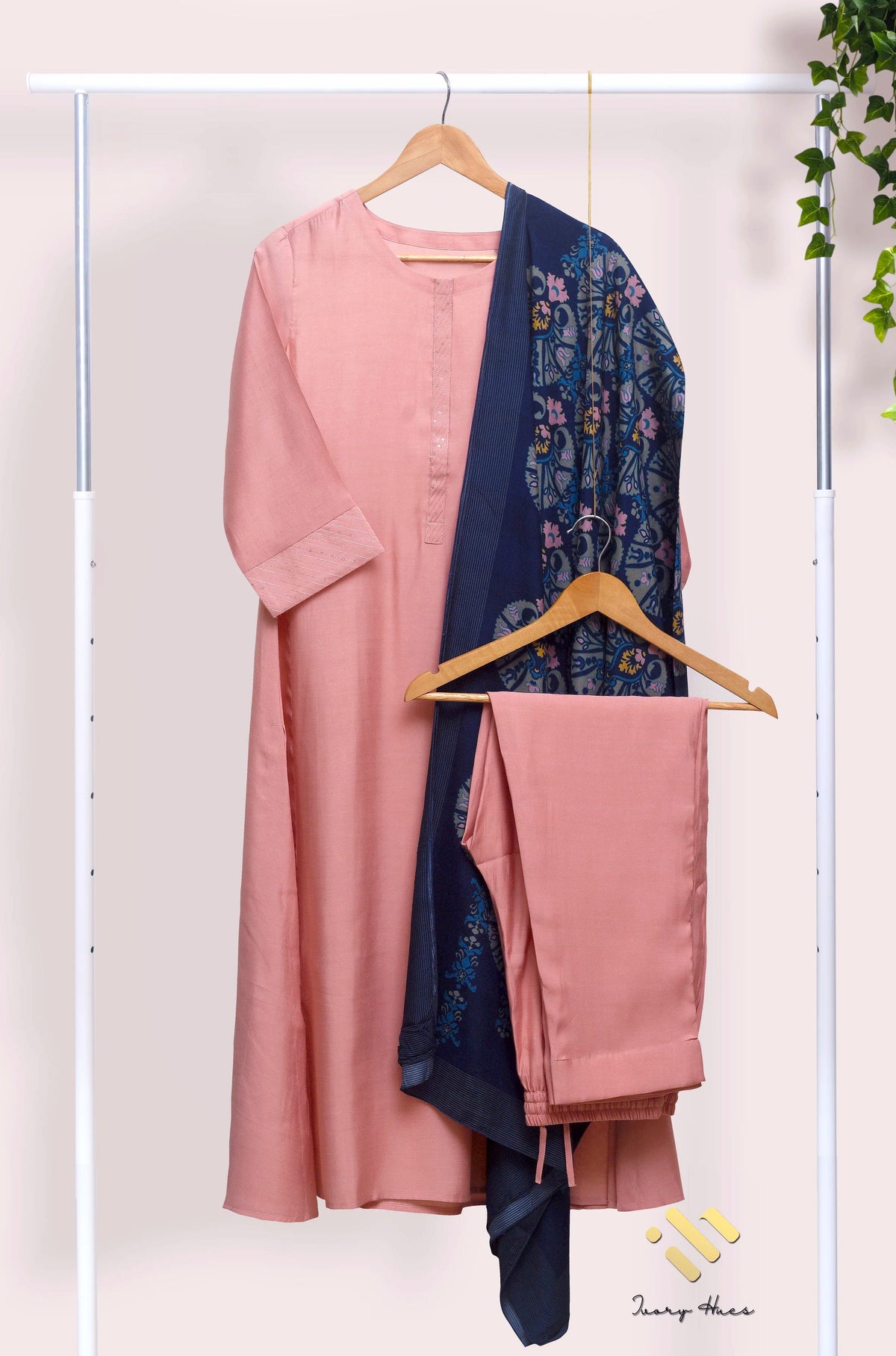 Noor Jahan — salmon suit set with digital-print contrast dupatta — Ivory Hues, Indian ethnic wear Singapore