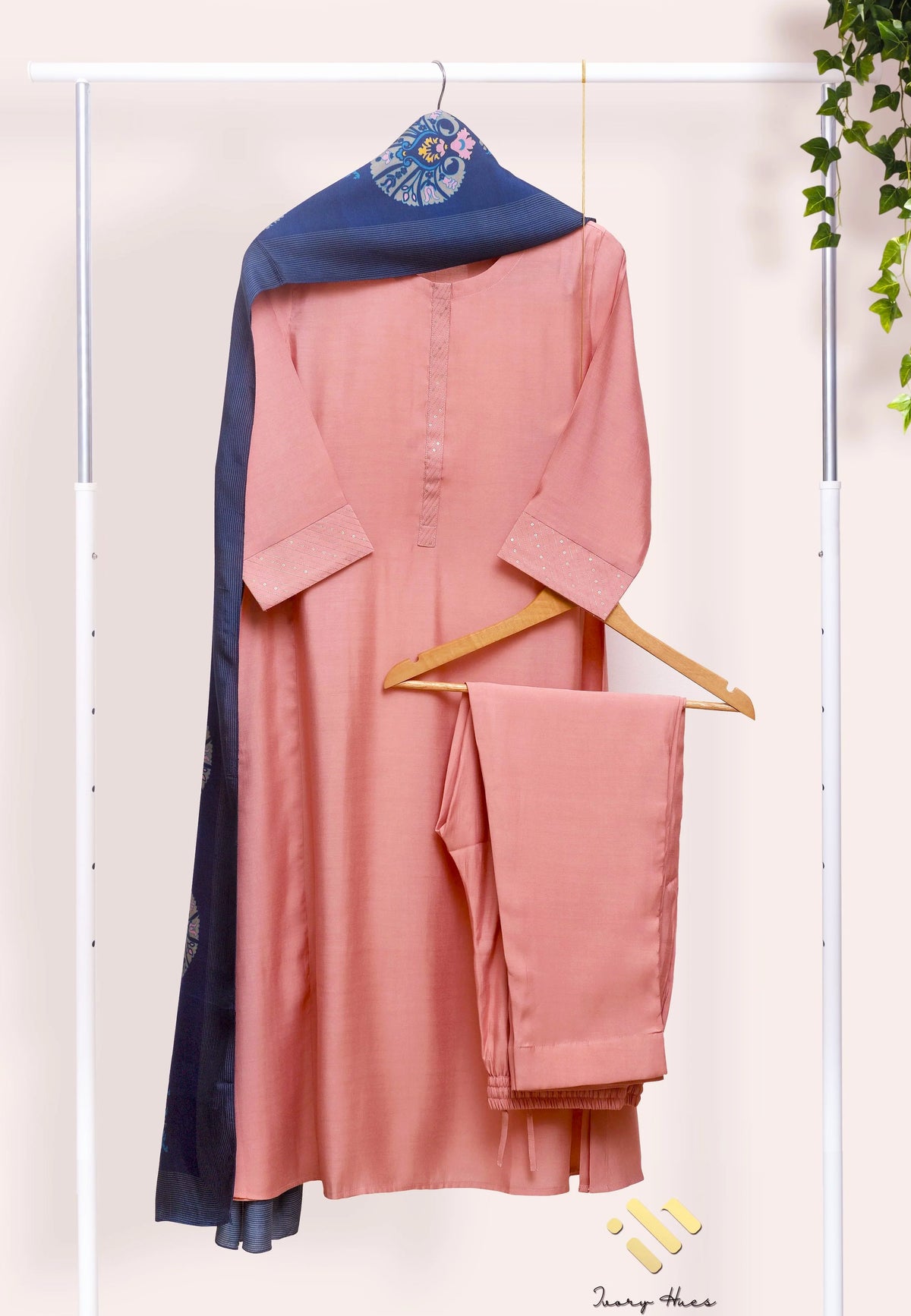 Noor Jahan — salmon suit set with digital-print contrast dupatta — Ivory Hues, Indian ethnic wear Singapore