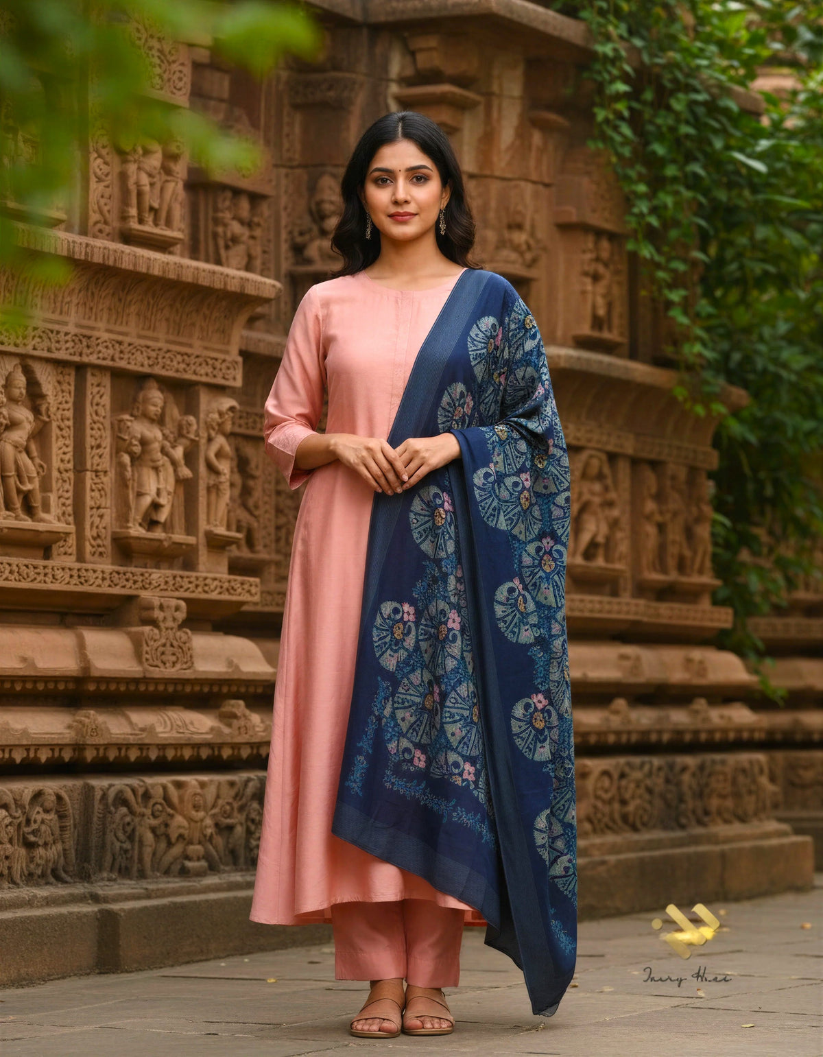 Noor Jahan — salmon suit set with digital-print contrast dupatta — Ivory Hues, Indian ethnic wear Singapore