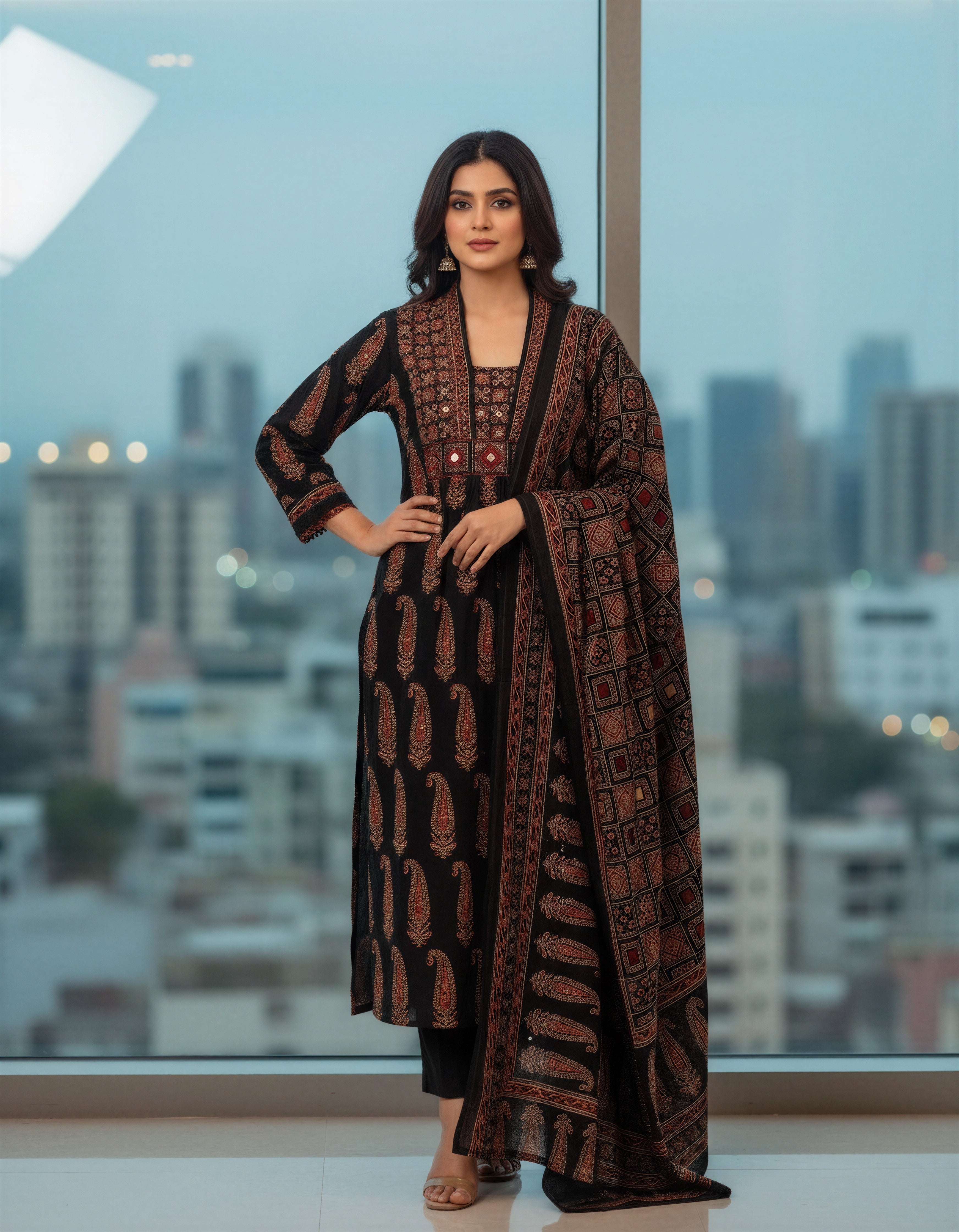Sunehri Kaala black cotton paisley handblock print kurta set Singapore